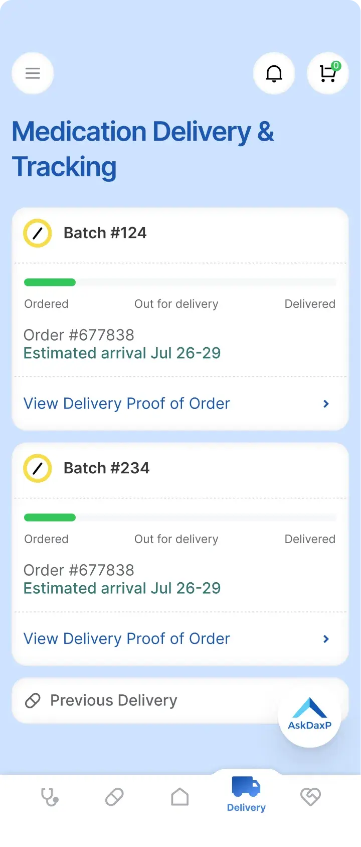 DaxP medicine delivery info screen showing delivery status