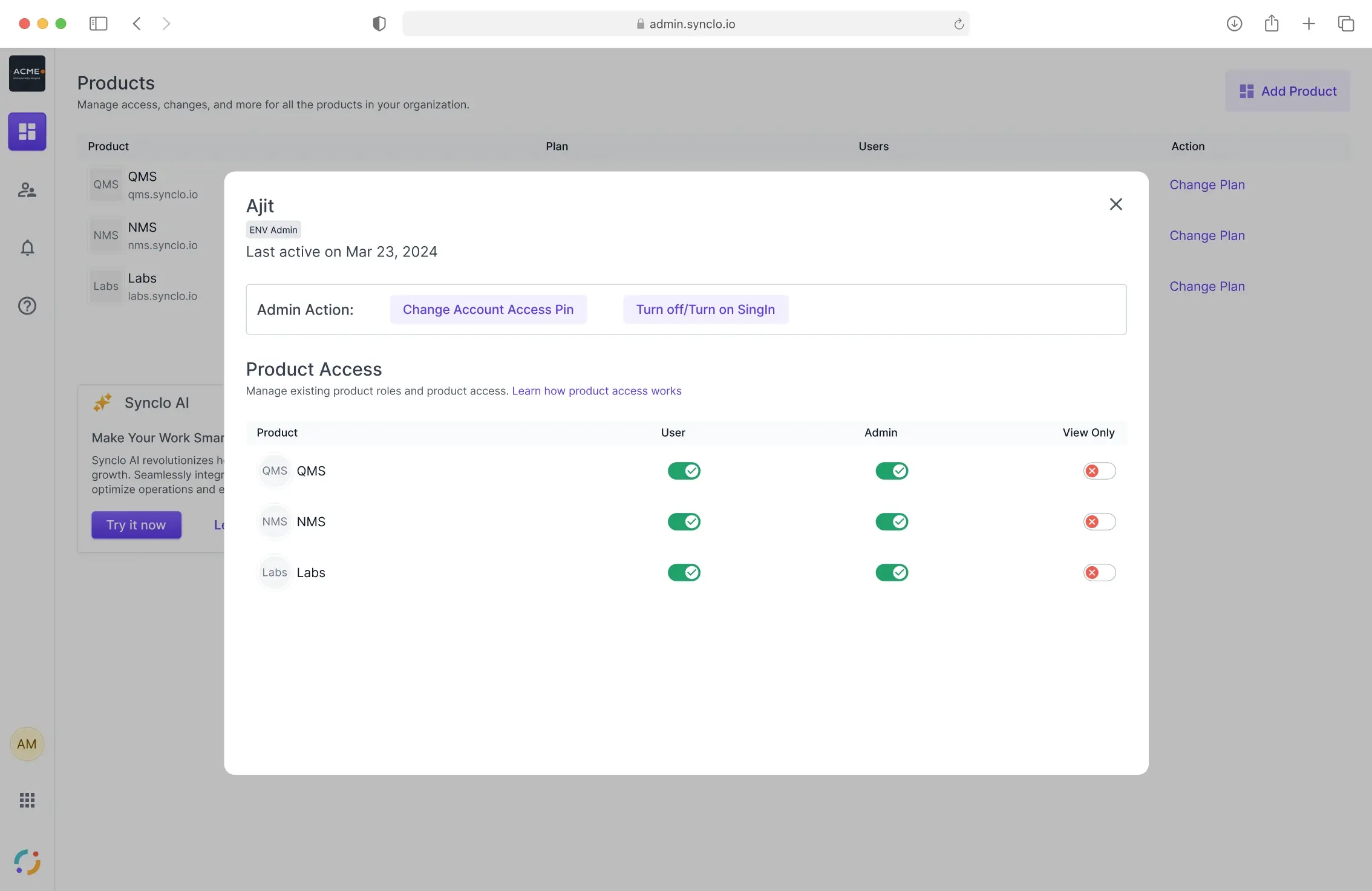 Synclo admin product list with a user panel open, granting User, Admin or View Only access per product across QMS, NMS and Labs