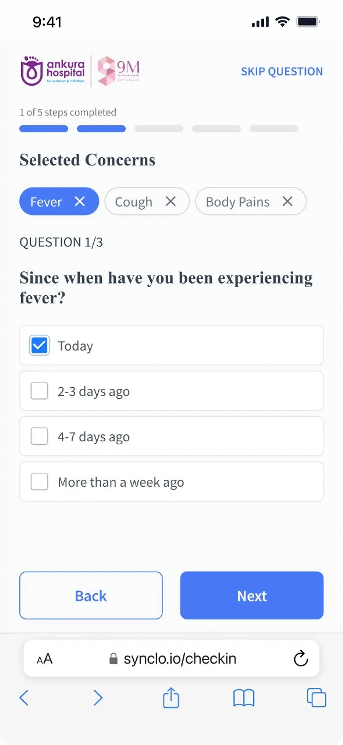 Check In asking how long the patient has had a fever, with the selected concerns shown as removable chips above