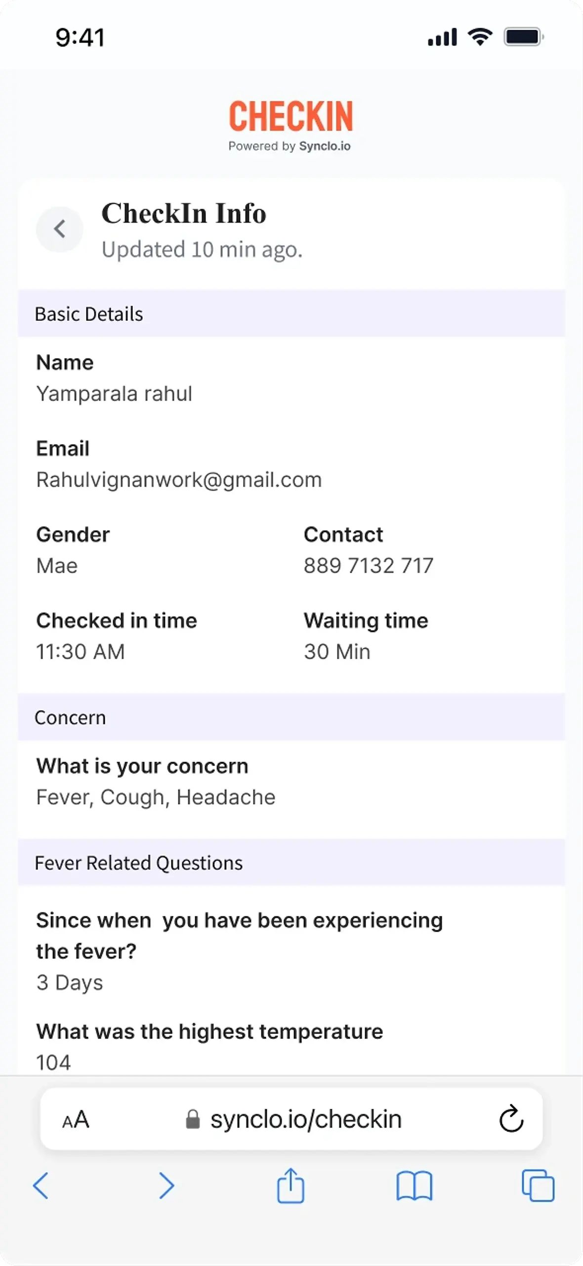 Check In reading back the captured details, concerns and answers for the patient to verify before they are sent on