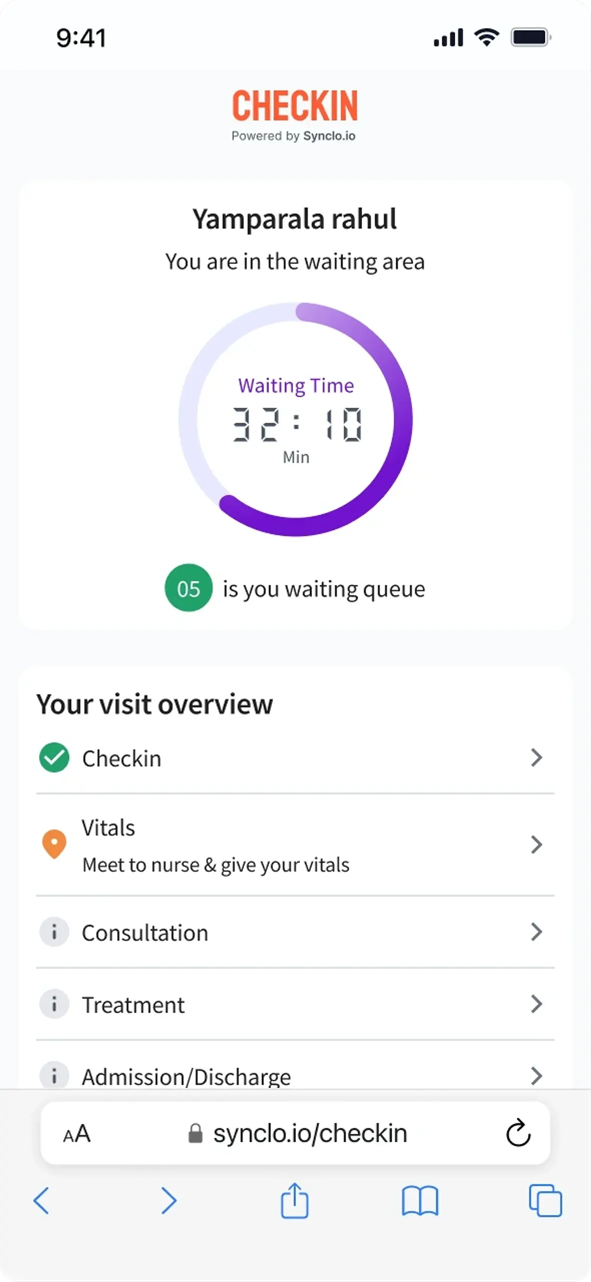 Check In waiting area screen counting down the wait with the queue position and a visit overview from check-in through to discharge