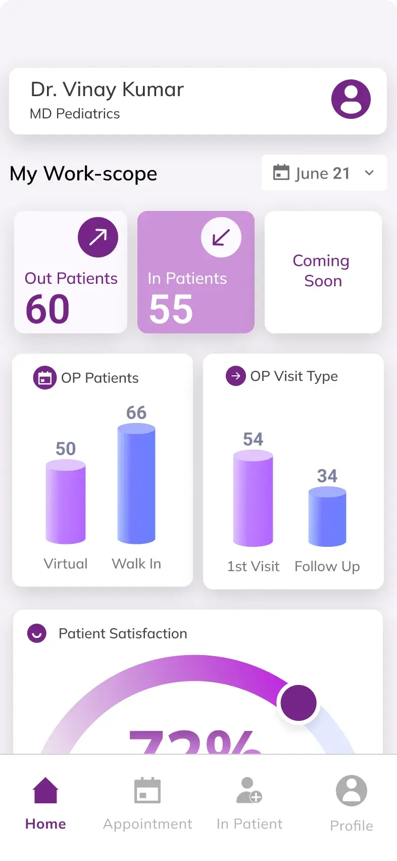 Doctor App home screen showing clinic information and OPD cases