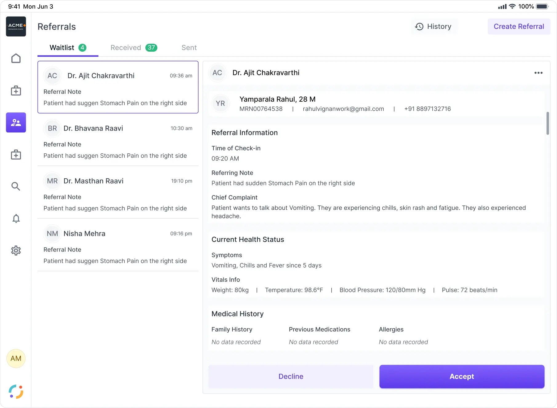 The referrals inbox with waitlist, received and sent tabs, a referral list on the left and its clinical detail on the right ending in decline or accept
