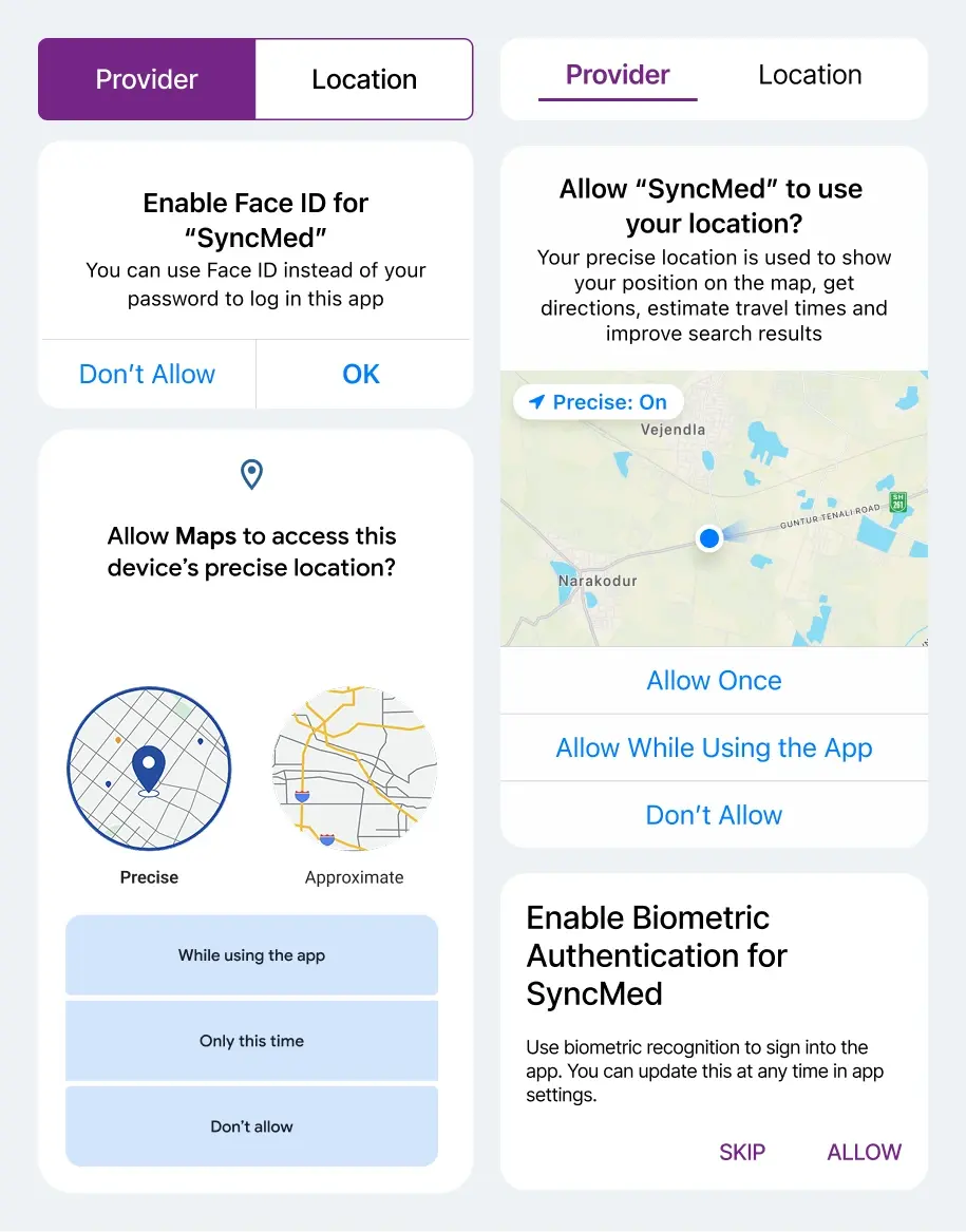 MyMed permission and tab patterns compared across iOS and Android, covering biometric authentication and location access
