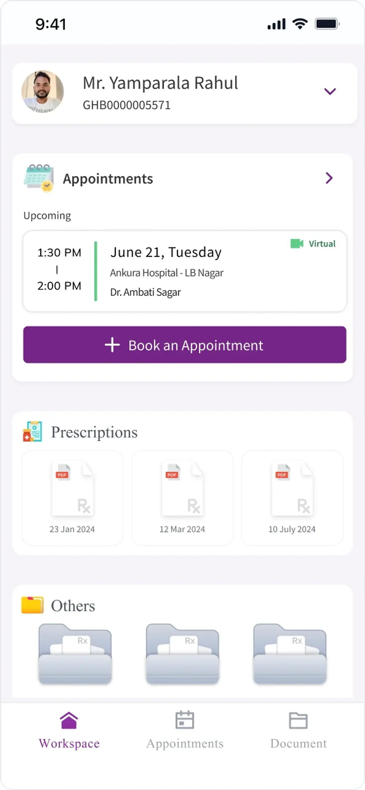 A patient's home showing the next appointment with its hospital and doctor, recent prescriptions as documents, and a book-an-appointment action