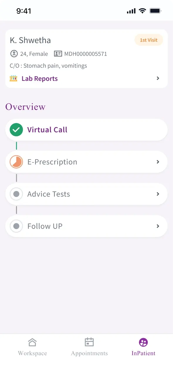 After a virtual consultation, the visit shown as a progress track running virtual call, e-prescription, advice tests and follow up