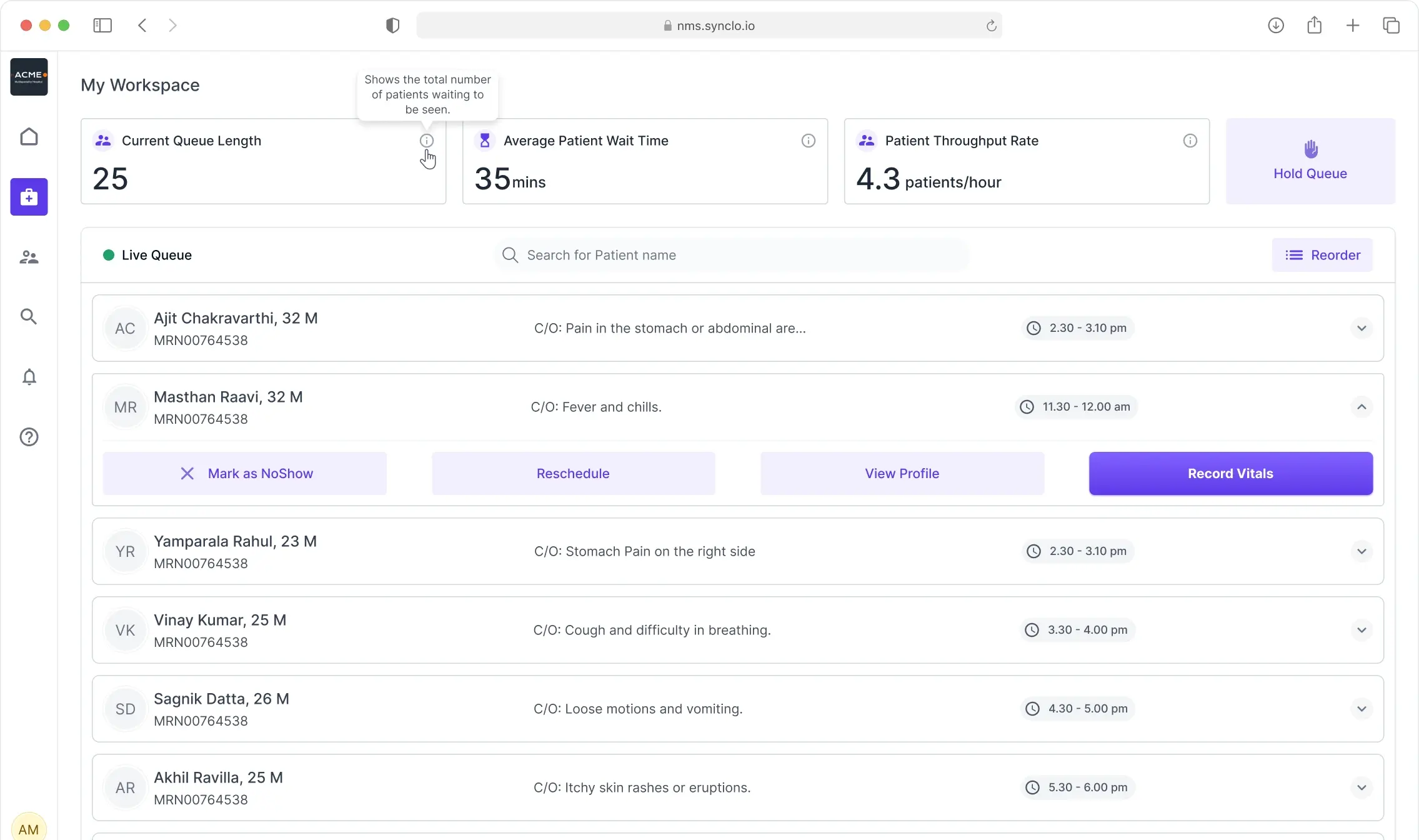 NMS live queue showing current queue length, average wait and throughput above a searchable, reorderable patient list with a hold-queue control