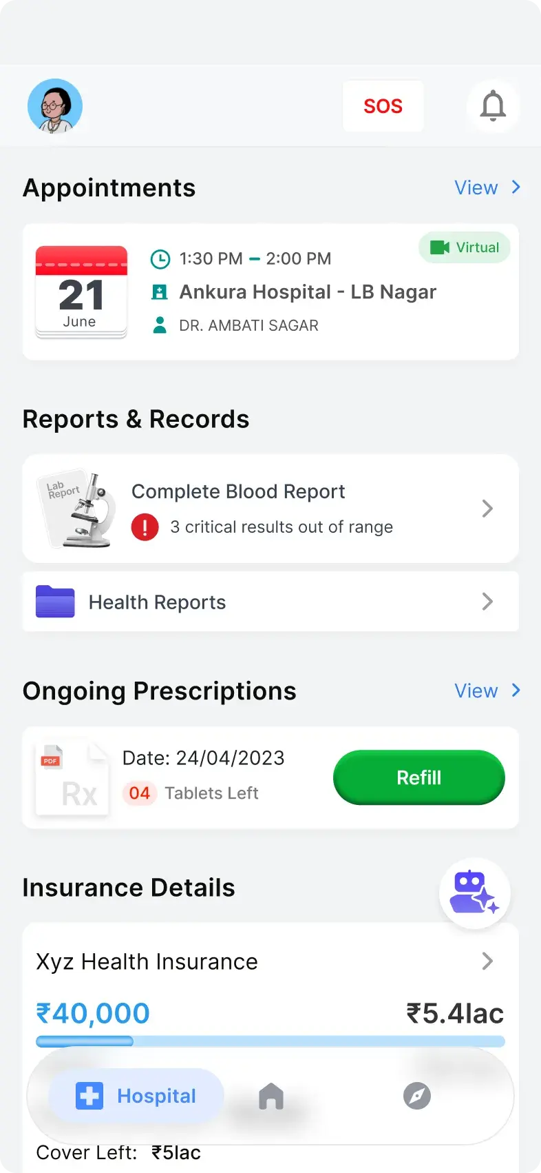 Patients App hospital screen with appointments, reports, prescriptions, and insurance entry points