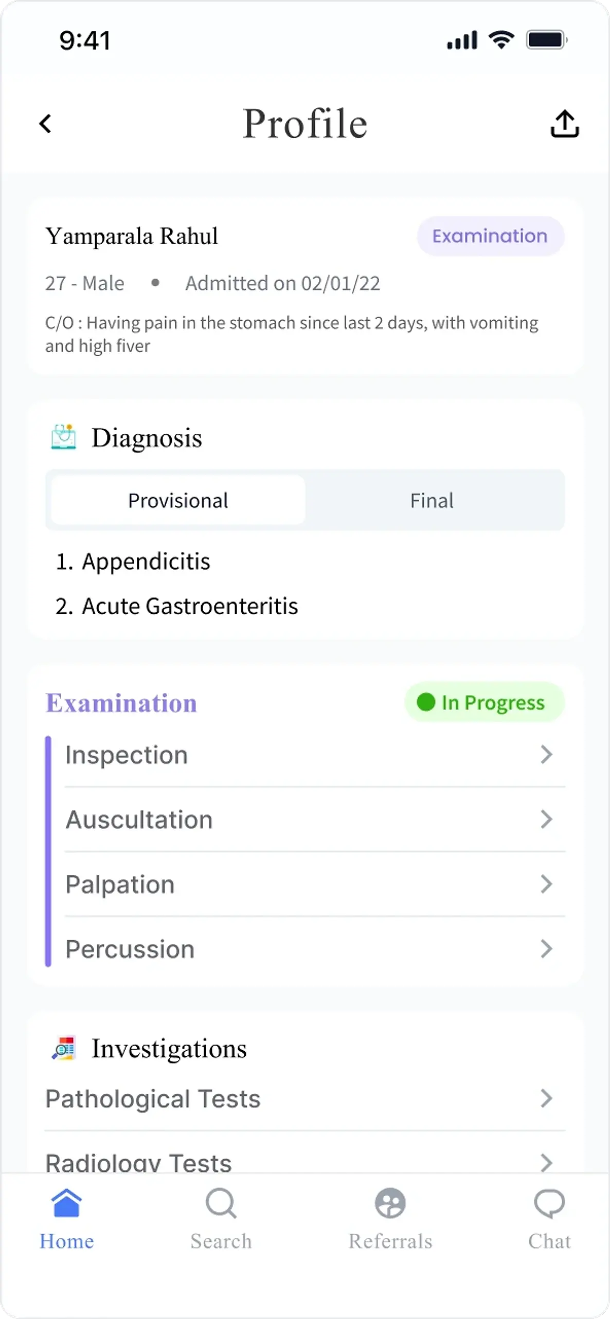 A patient profile listing provisional and final diagnosis tabs above examination methods and investigations