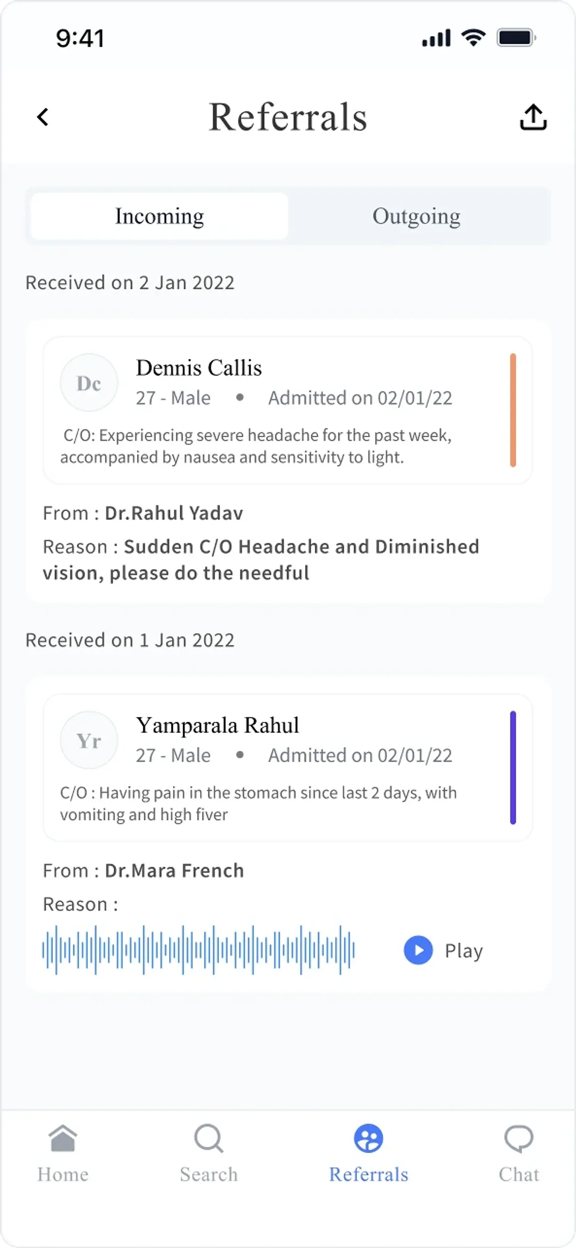 The referrals list in the Synclo doctor phone app