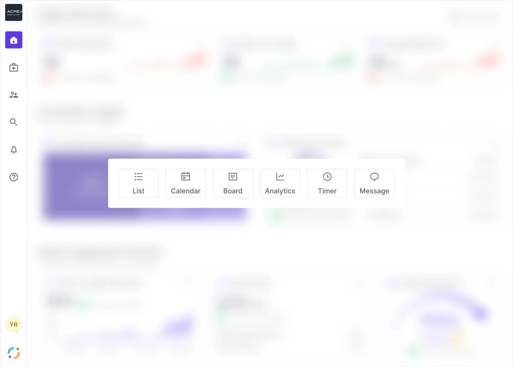 The QMS block picker over a blurred board, offering List, Calendar, Board, Analytics, Timer and Message