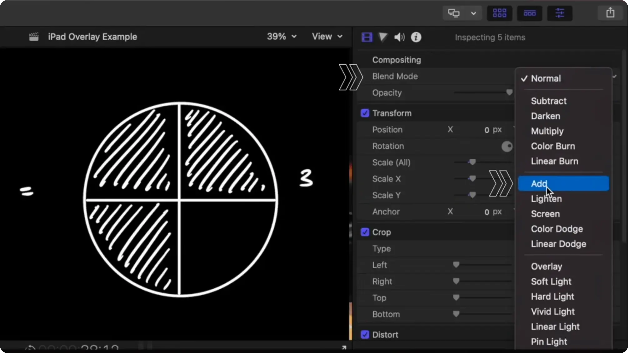 The Final Cut Pro blend mode menu open on the ink clip, with Add highlighted, beside the white chalk-style circle diagram on black