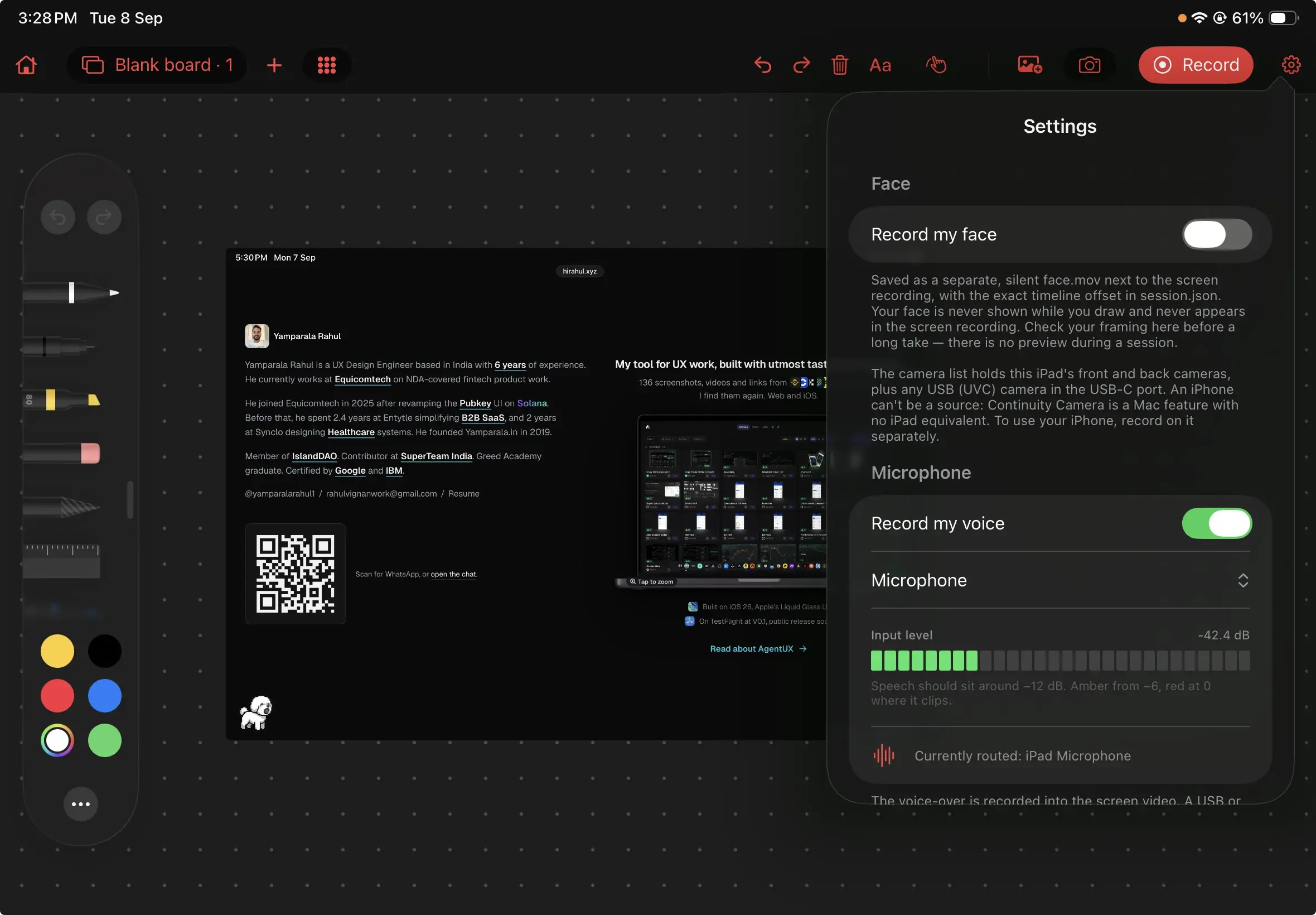 YamDraw's recording settings over a blank board: Record my face switched off with a note that it saves as a separate silent file with its timeline offset, Record my voice switched on, a microphone picker, and a live input meter reading minus 42.4 dB with guidance that speech should sit near minus 12