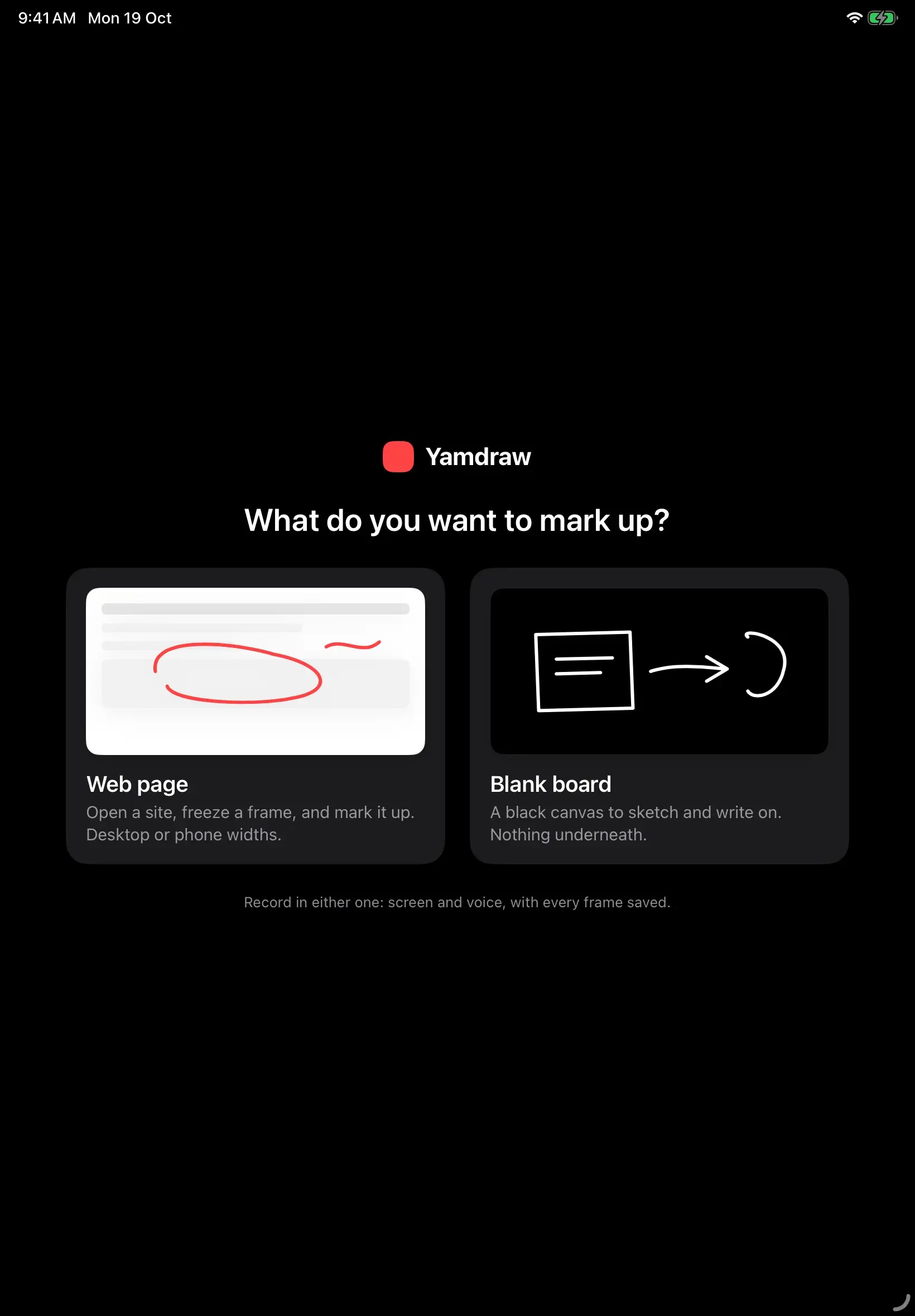 YamDraw: Workspace chooser with Web page and Blank board options