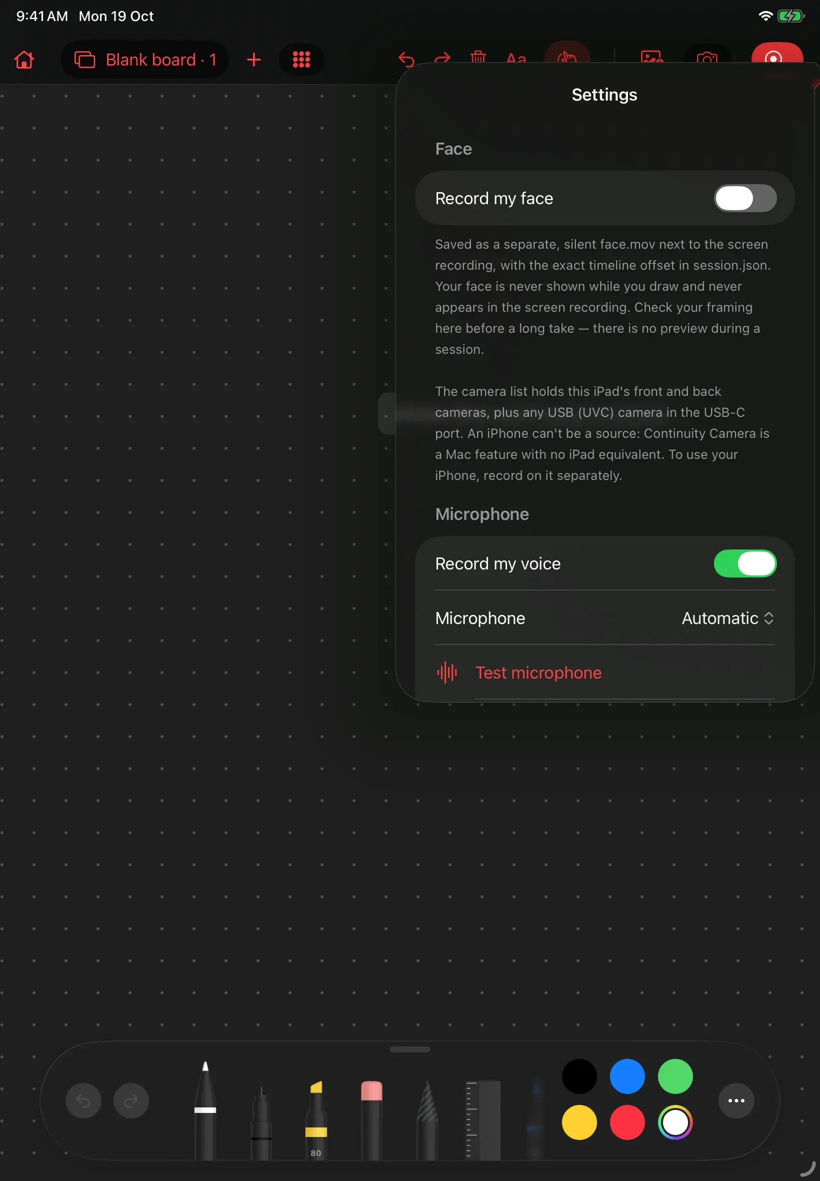 YamDraw: Face and microphone recording settings