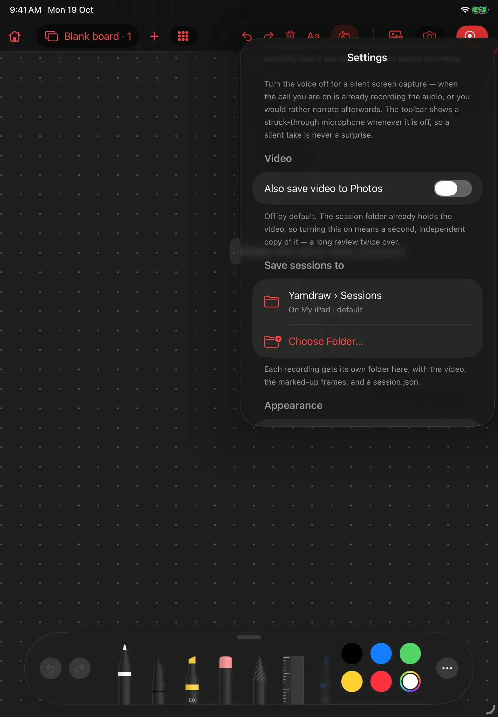 YamDraw: Session storage and appearance settings