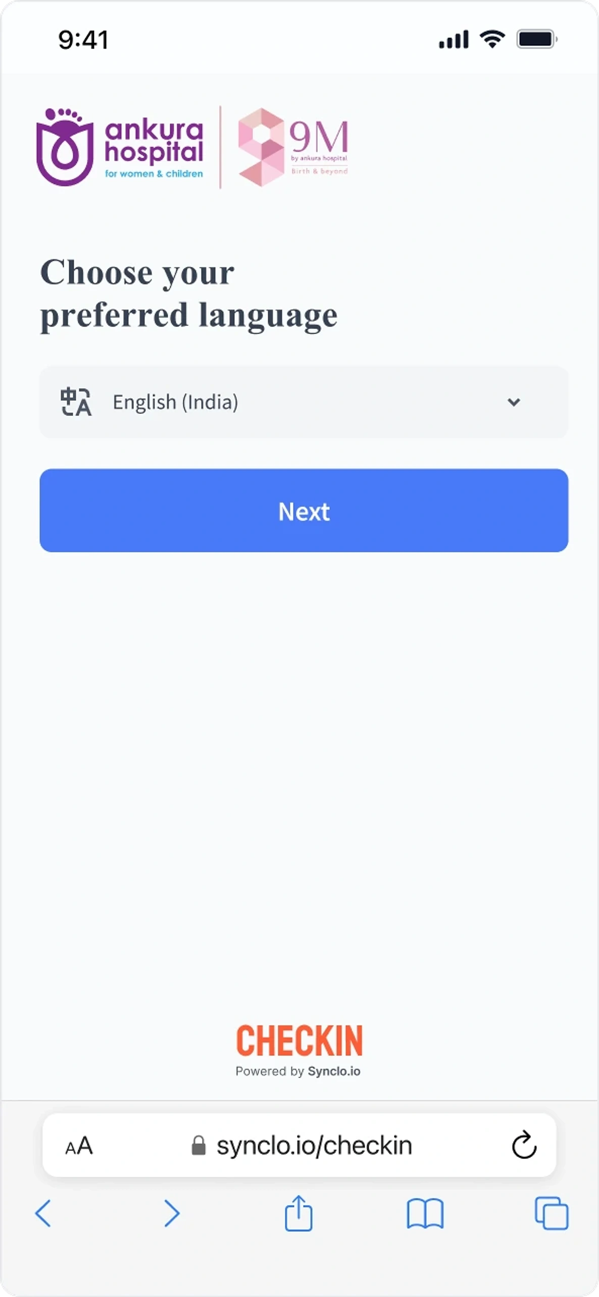 Synclo Check In asking the patient to choose a preferred language before anything clinical, co-branded with the hospital