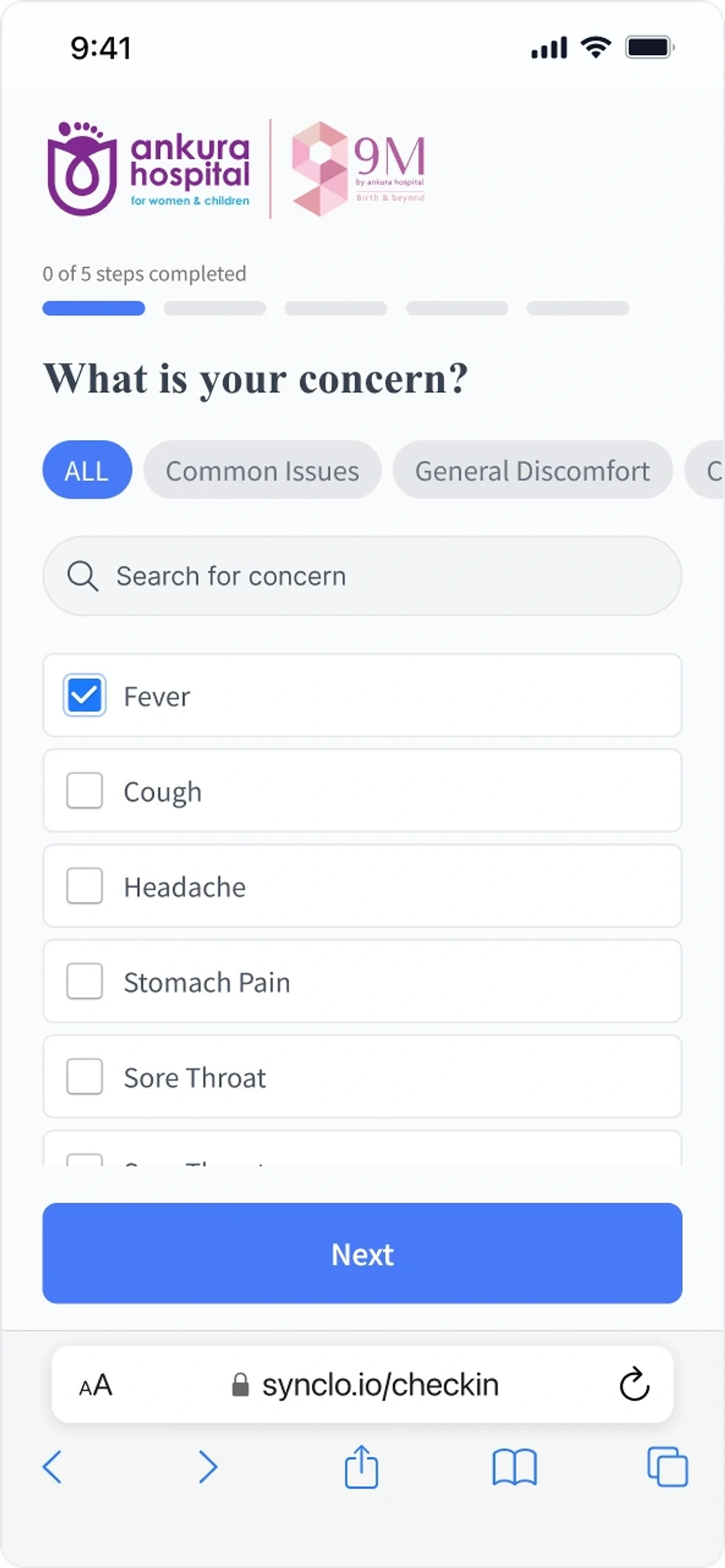 Check In asking what is your concern, with searchable categories and a checklist of common symptoms