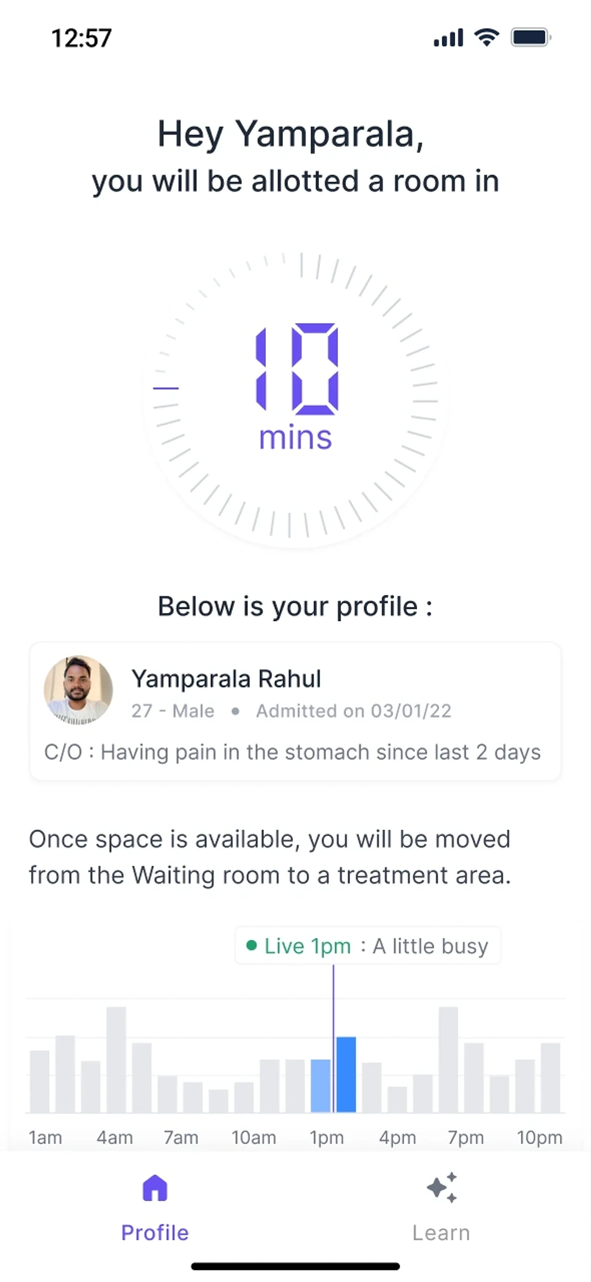 Patient waiting screen showing minutes until a room is allotted, above an hourly chart of how busy the clinic usually is