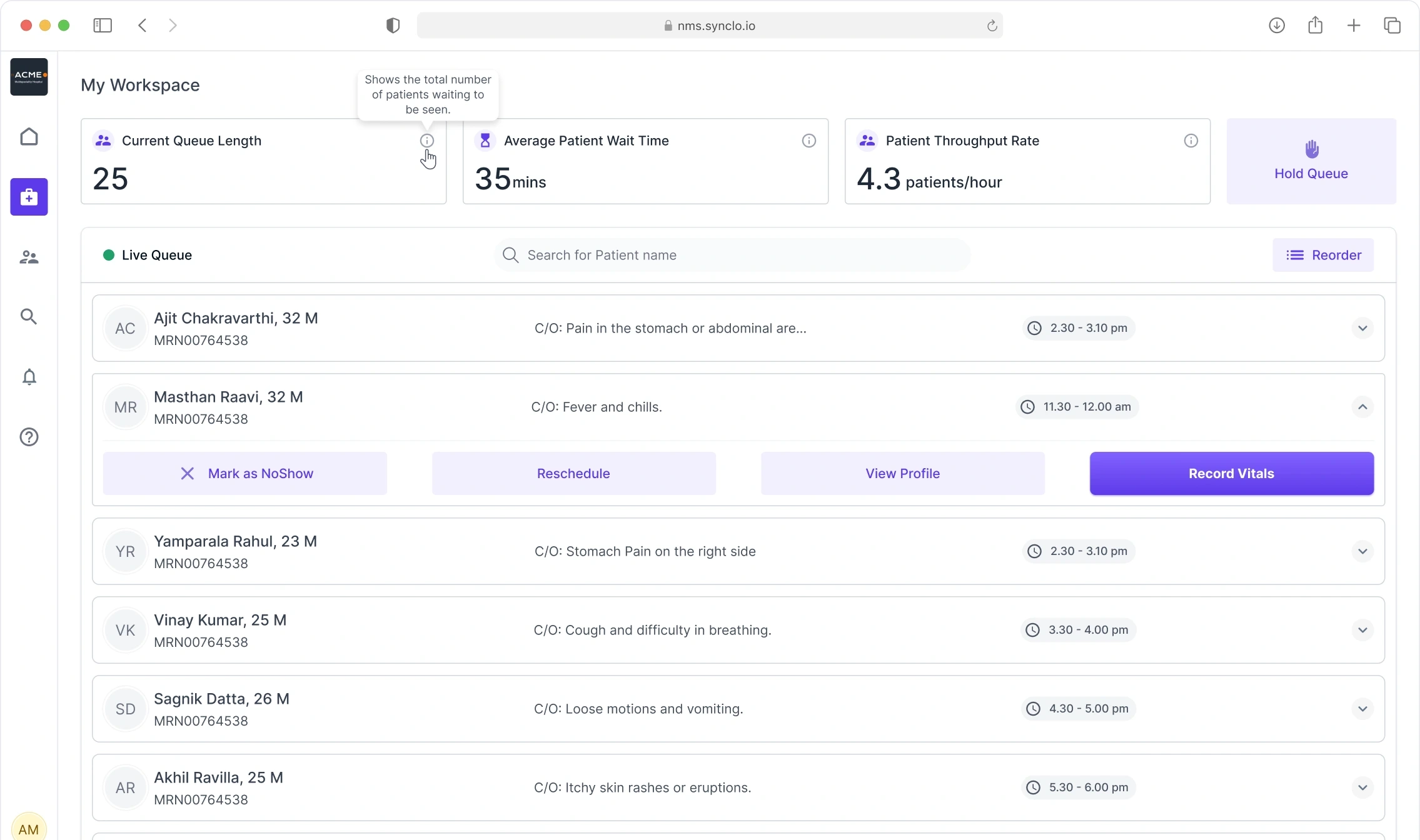 NMS live queue showing current queue length, average wait and throughput above a searchable, reorderable patient list with a hold-queue control