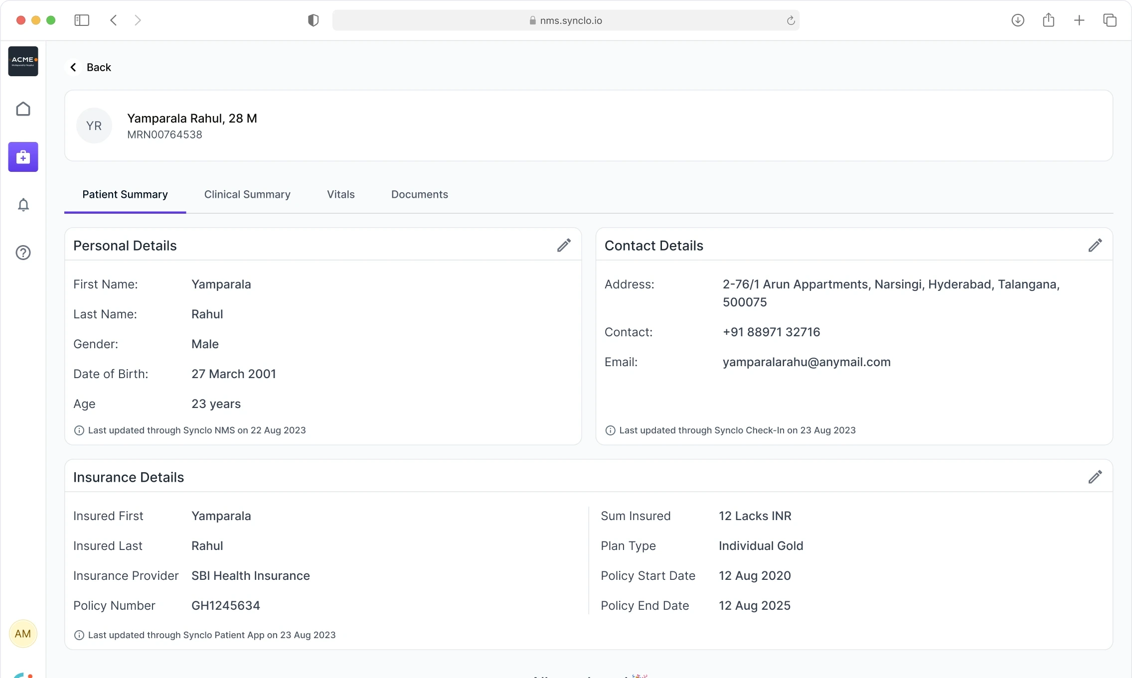 NMS patient summary where each block of details names the product that last updated it and when