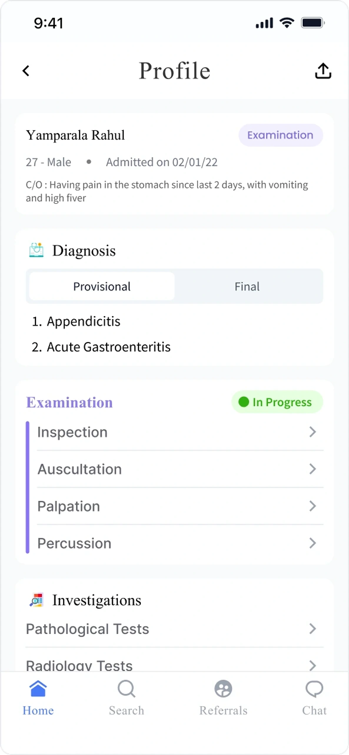 A patient profile listing provisional and final diagnosis tabs above examination methods and investigations
