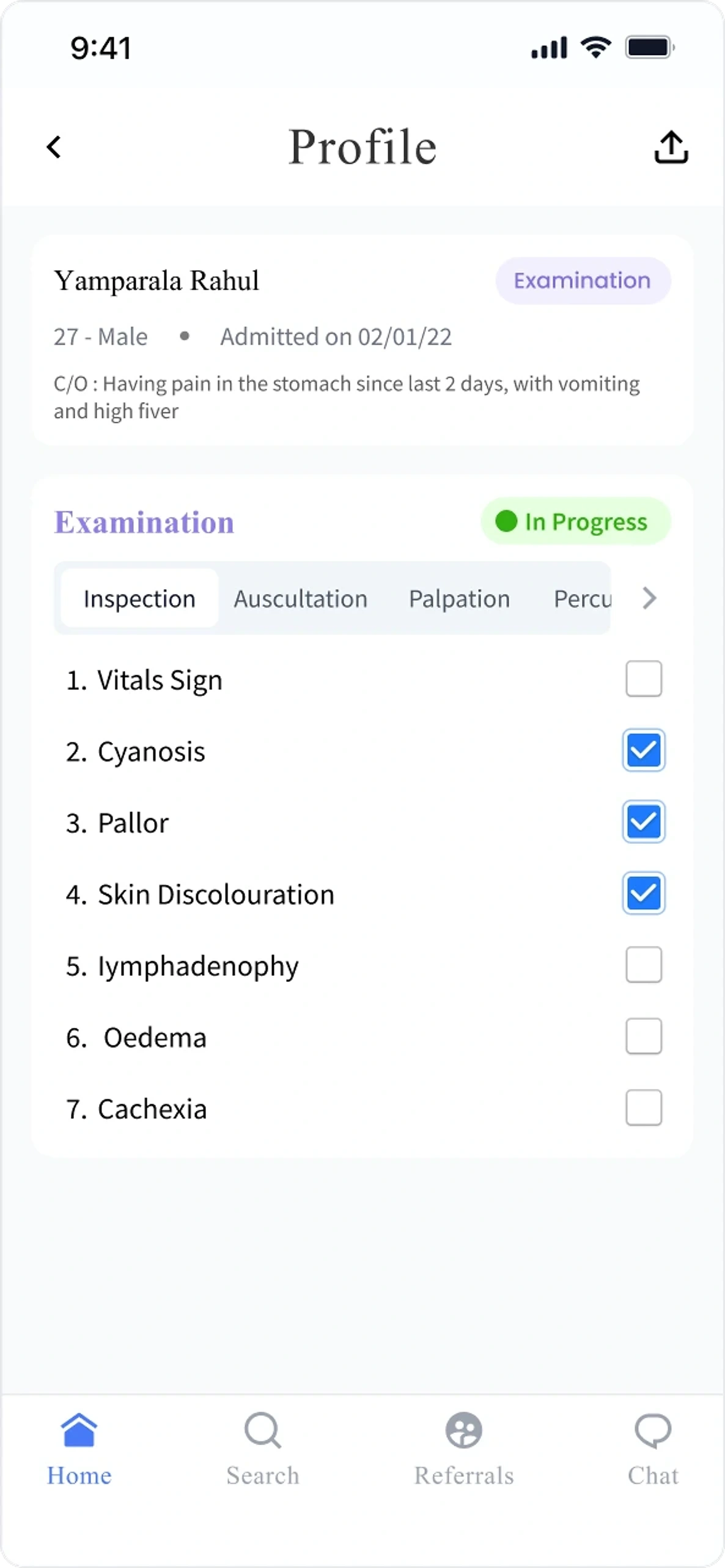 An examination in progress, with tabs for inspection, auscultation, palpation and percussion and findings ticked off as a checklist