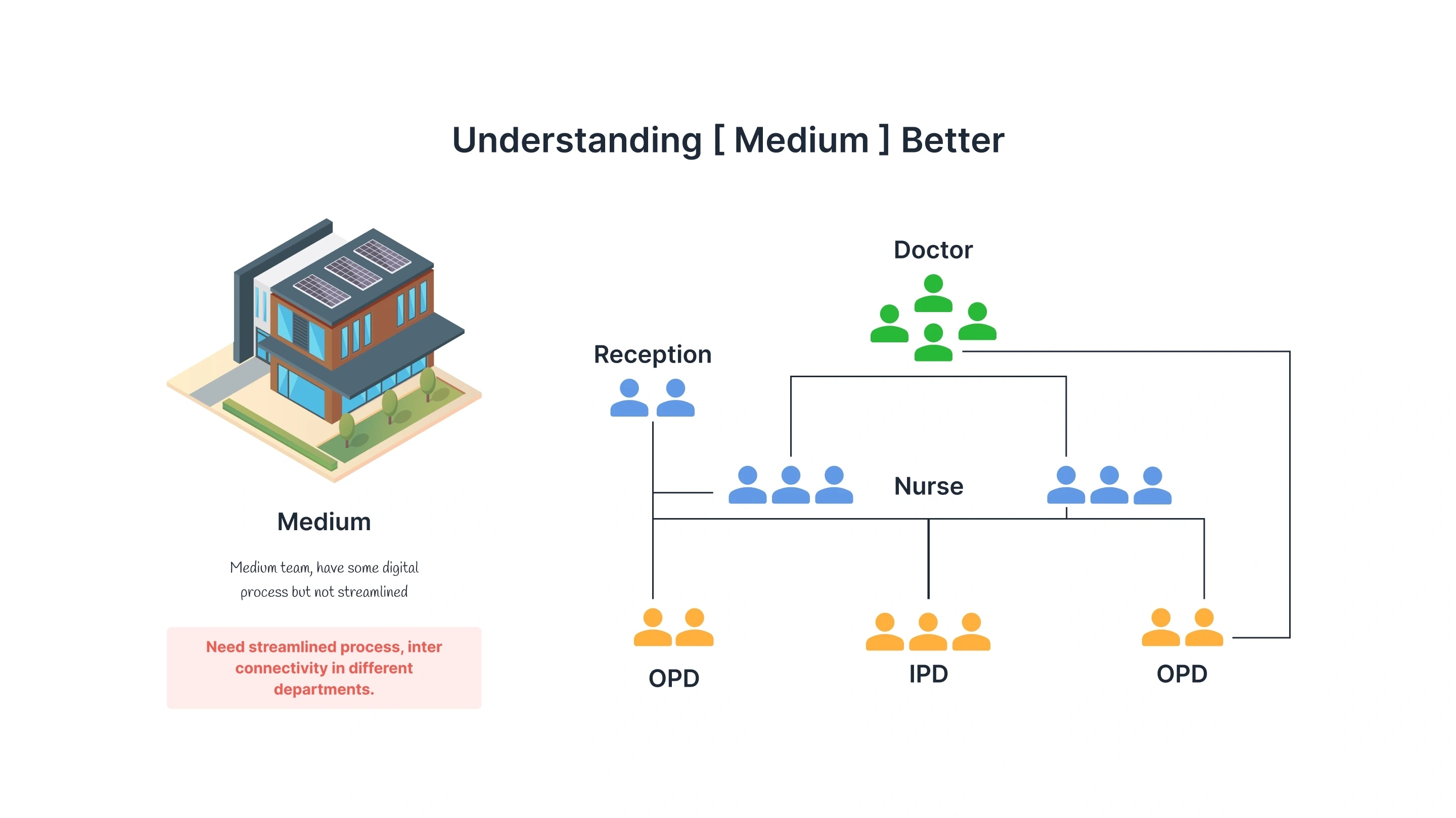 Medium clinic role structure: two at reception, four doctors, six nurses, with OPD and IPD