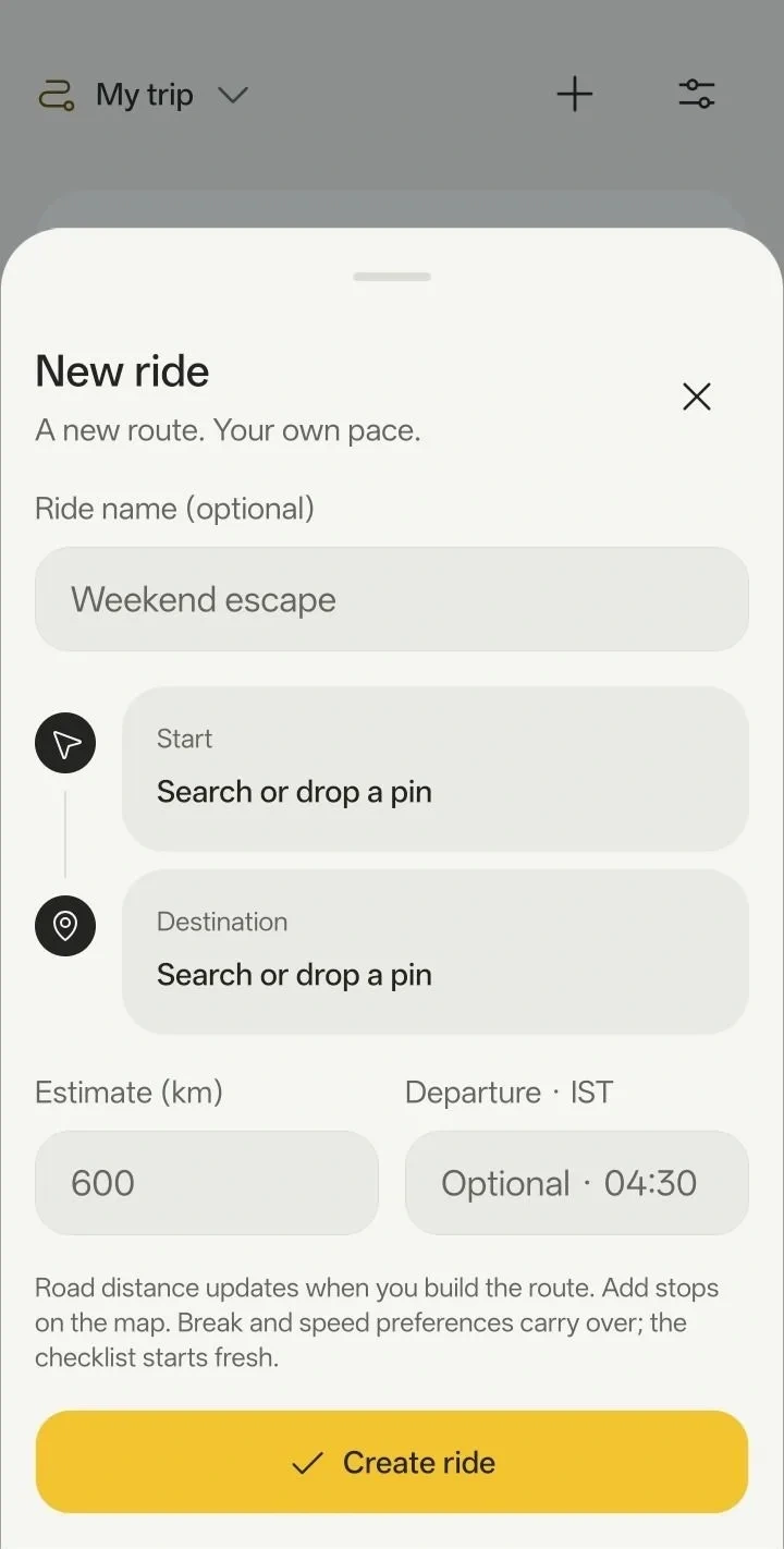 YamDrive's New ride sheet: an optional ride name, start and destination fields reading Search or drop a pin, an estimate in kilometres, an optional departure time in IST, and a Create ride button