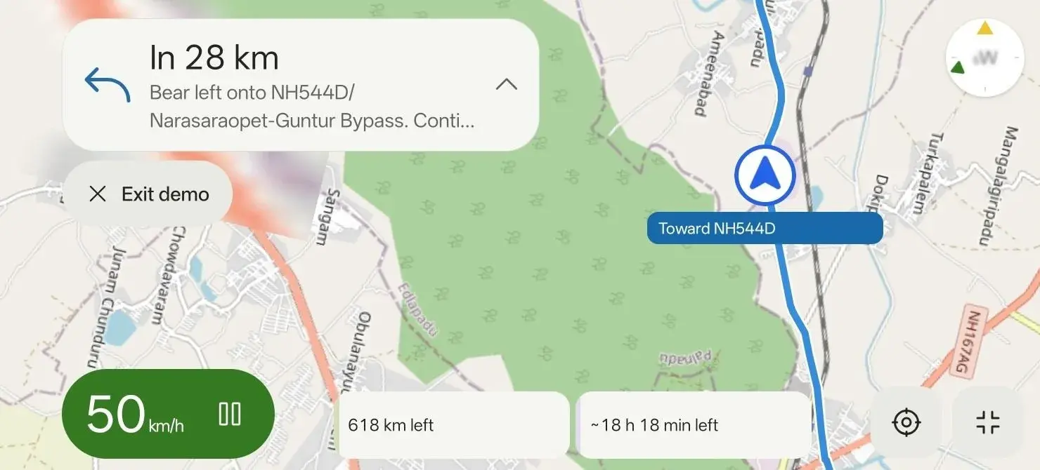 YamDrive navigating in landscape: a card reading In 28 km, bear left onto NH544D toward the Narasaraopet-Guntur bypass, a route line through open country, 618 km left, about 18 h 18 min left, and a speed pill reading 50 km/h