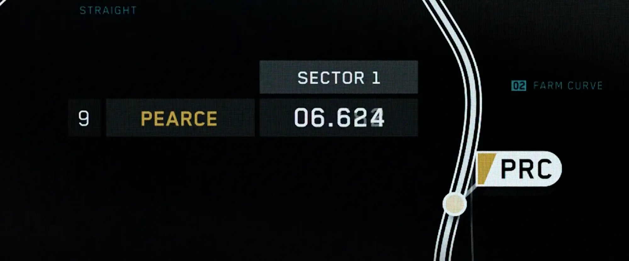 Still from F1 (2025): a timing card on the track map reading 9, Pearce, Sector 1, 06.624, with the last digit caught mid-change, beside the PRC driver tag on the track line