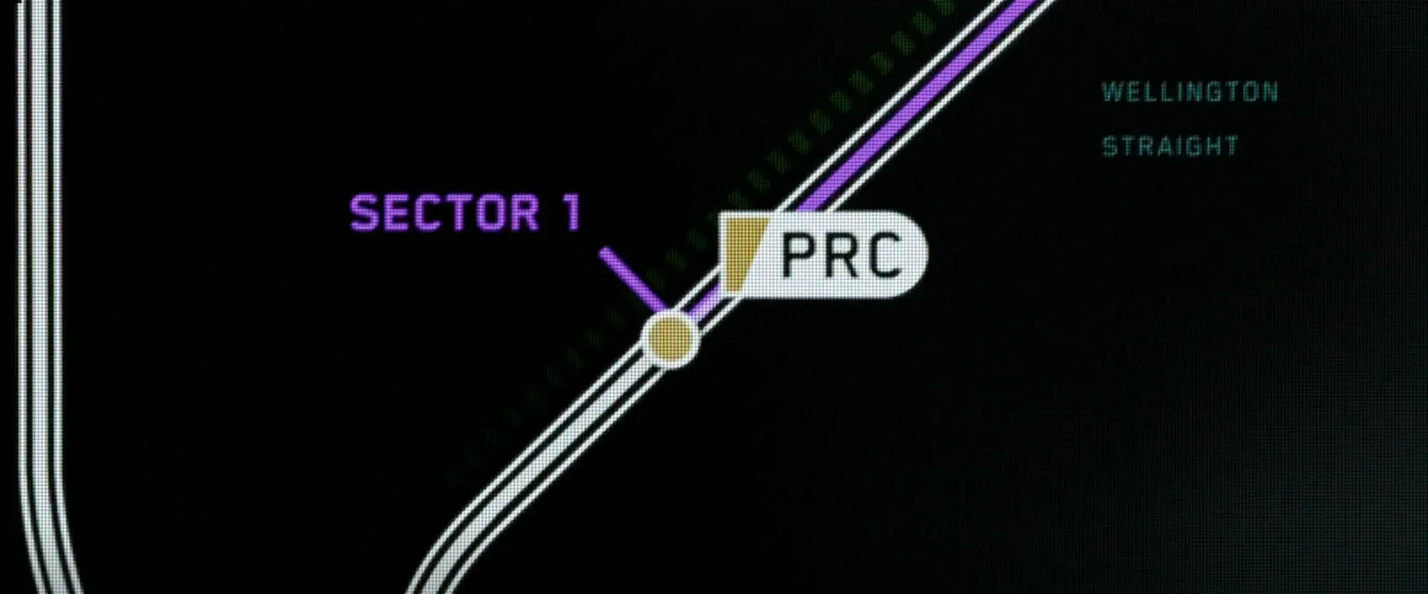 Still from F1 (2025): a close-up of a track map where the Sector 1 label, its marker line and the track behind the PRC tag are purple, with a dashed green trail beside the track