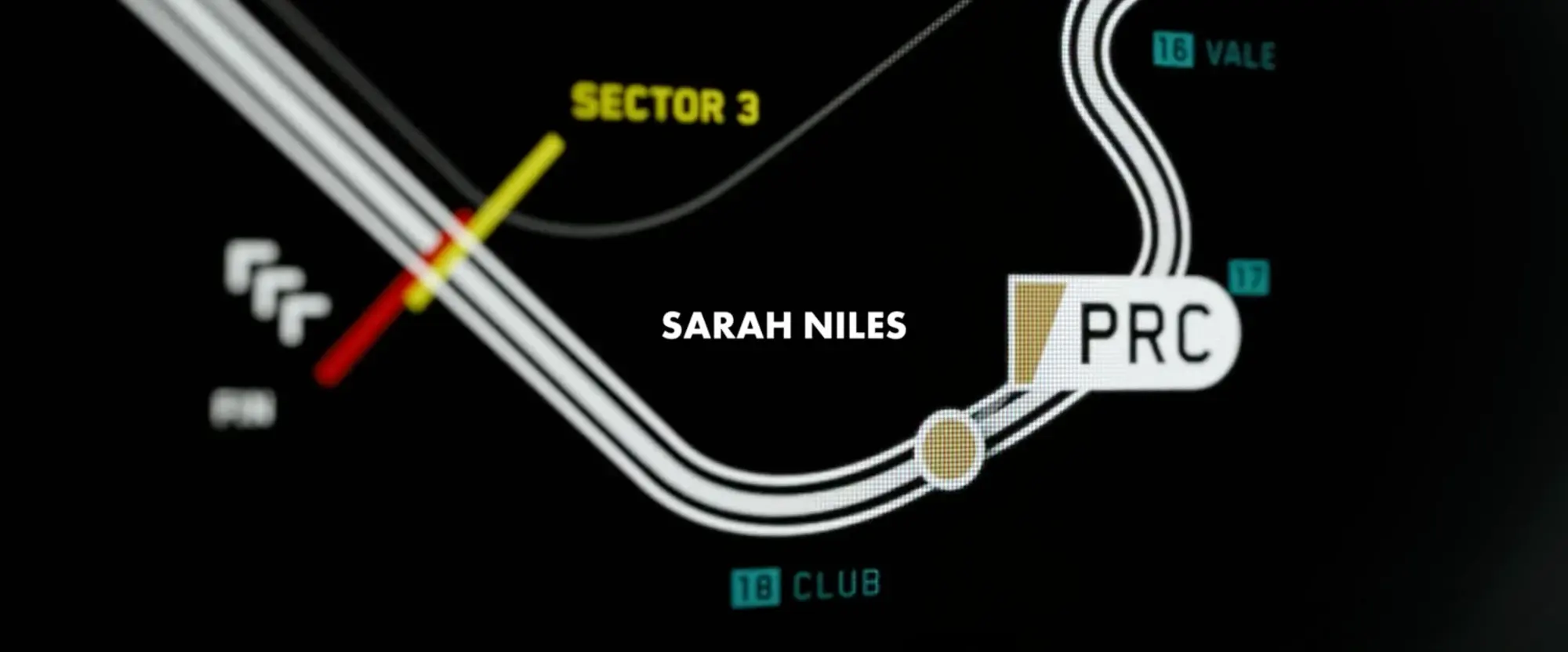 Still from F1 (2025): a close-up of a track map with a yellow Sector 3 line across the track, a PRC driver tag on the racing line, and numbered corner labels 16 Vale, 17 and 18 Club