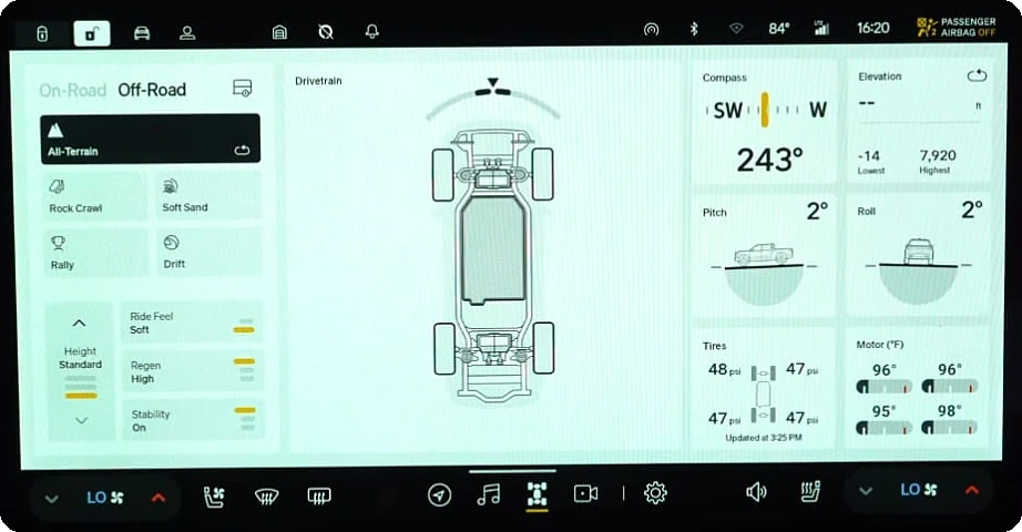 Rivian car screen: pitch, roll and heading