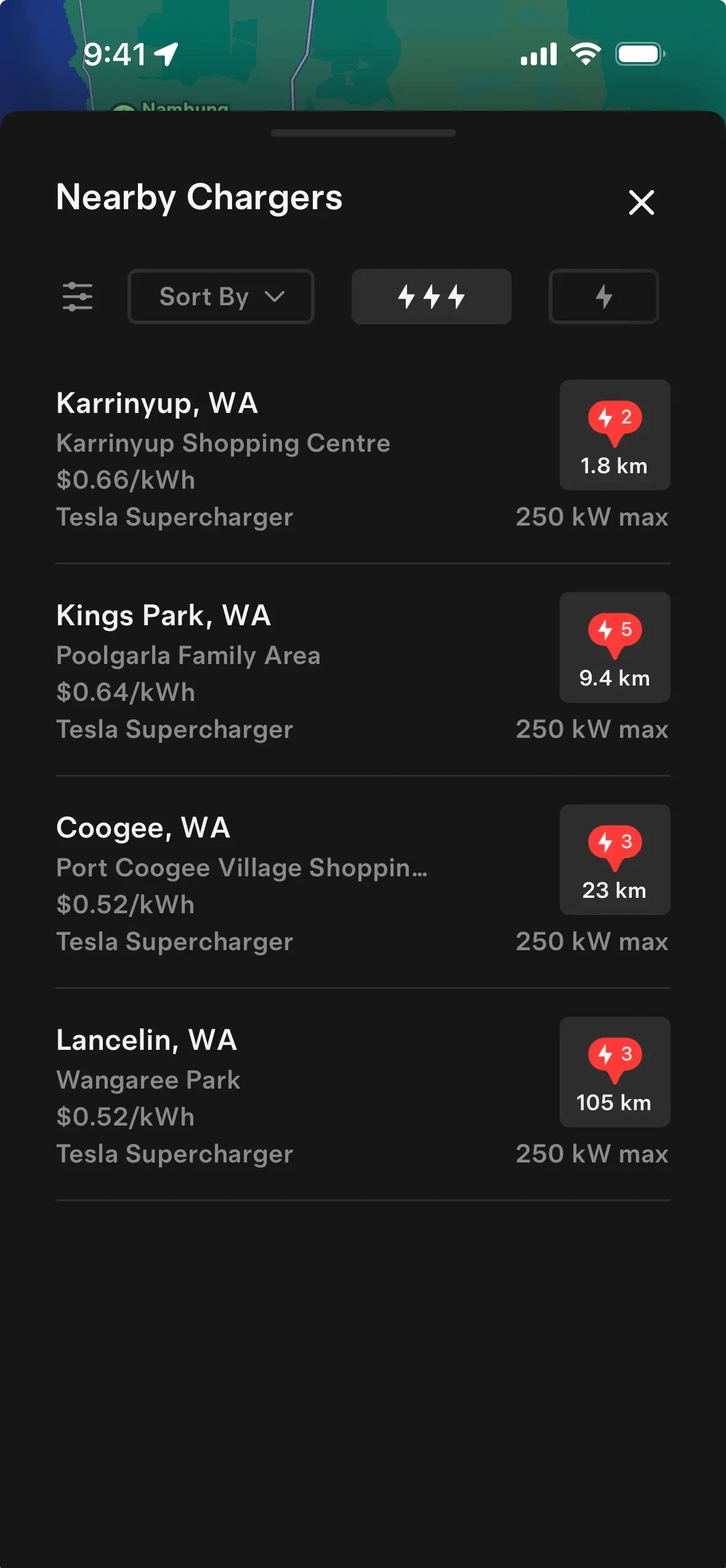 Tesla app: a list with distance chips