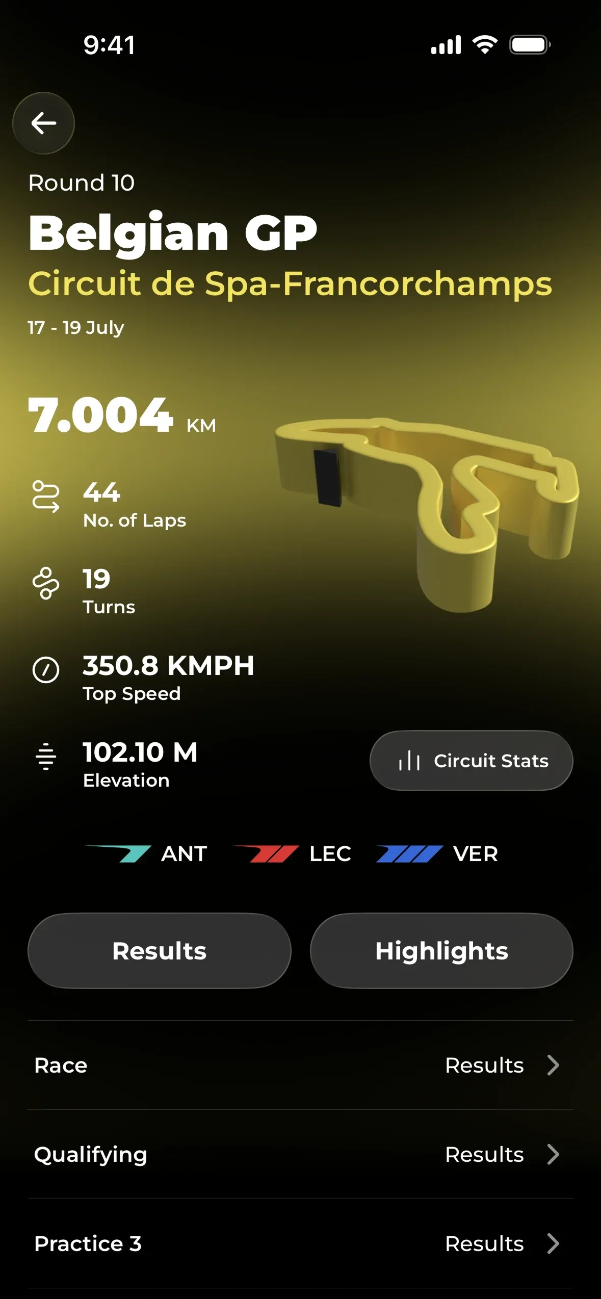 Box Box Club app: the track and its numbers