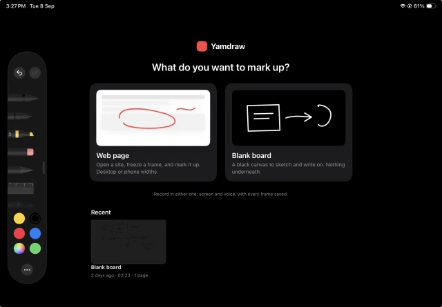 YamDraw's launcher on iPad, asking what do you want to mark up, with a Web page card and a Blank board card side by side and a pen tray down the left
