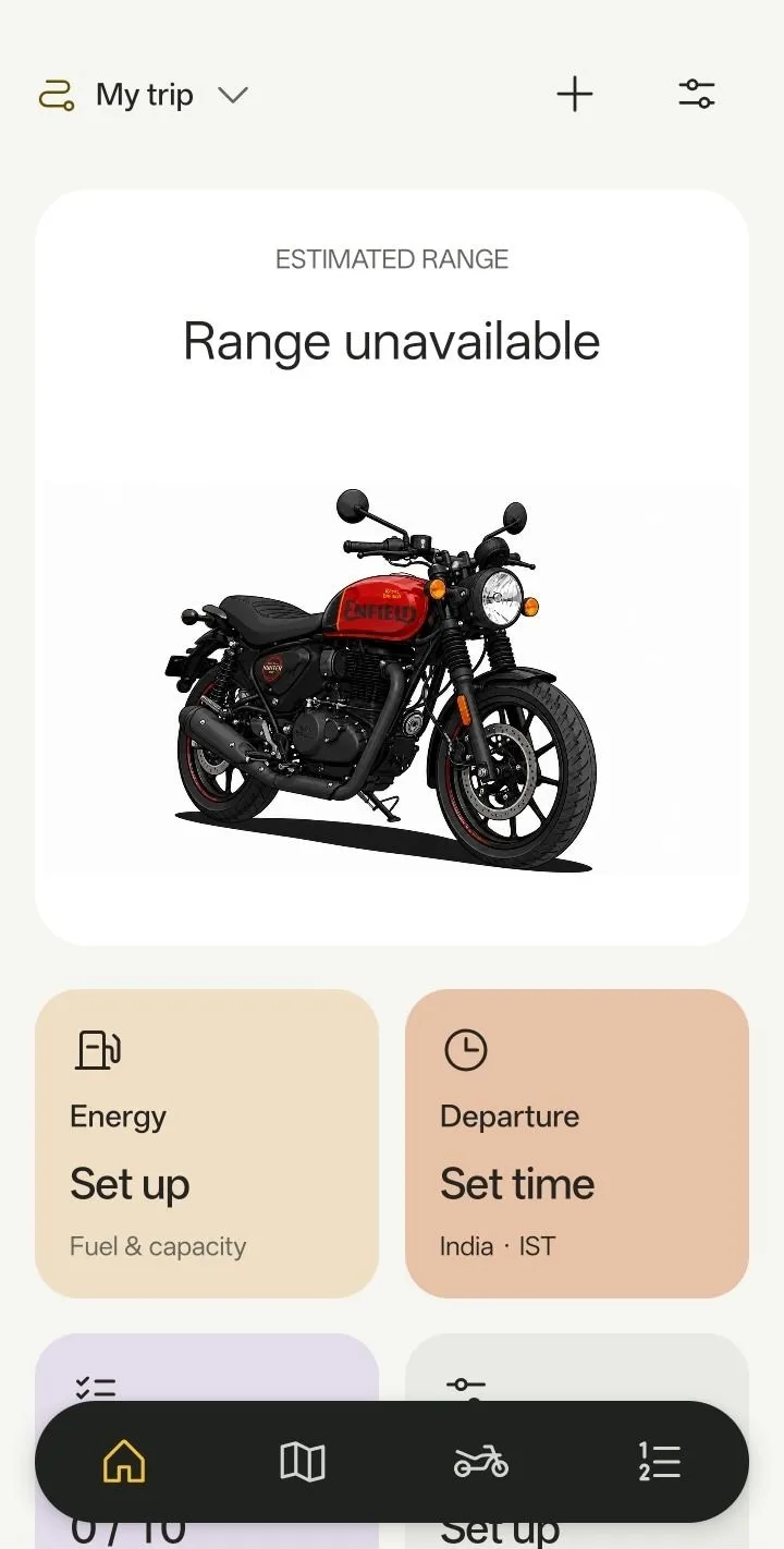 YamDrive on Android: a trip screen headed My trip, an estimated-range panel over a Royal Enfield Hunter 350, and tiles beneath it for fuel and capacity, departure time, a pre-ride checklist and service reminders.