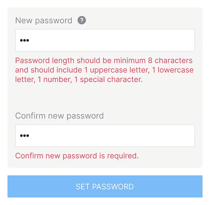 Before redesign password UI with long red validation errors and set password button
