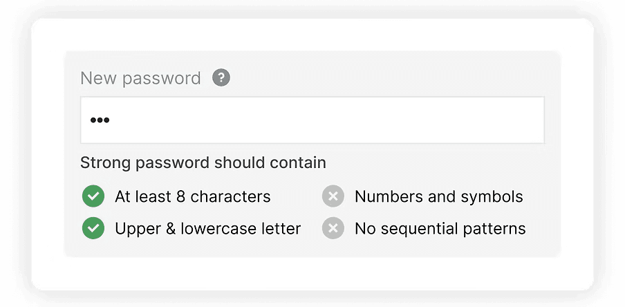 Password requirement component with two met and two unmet requirements