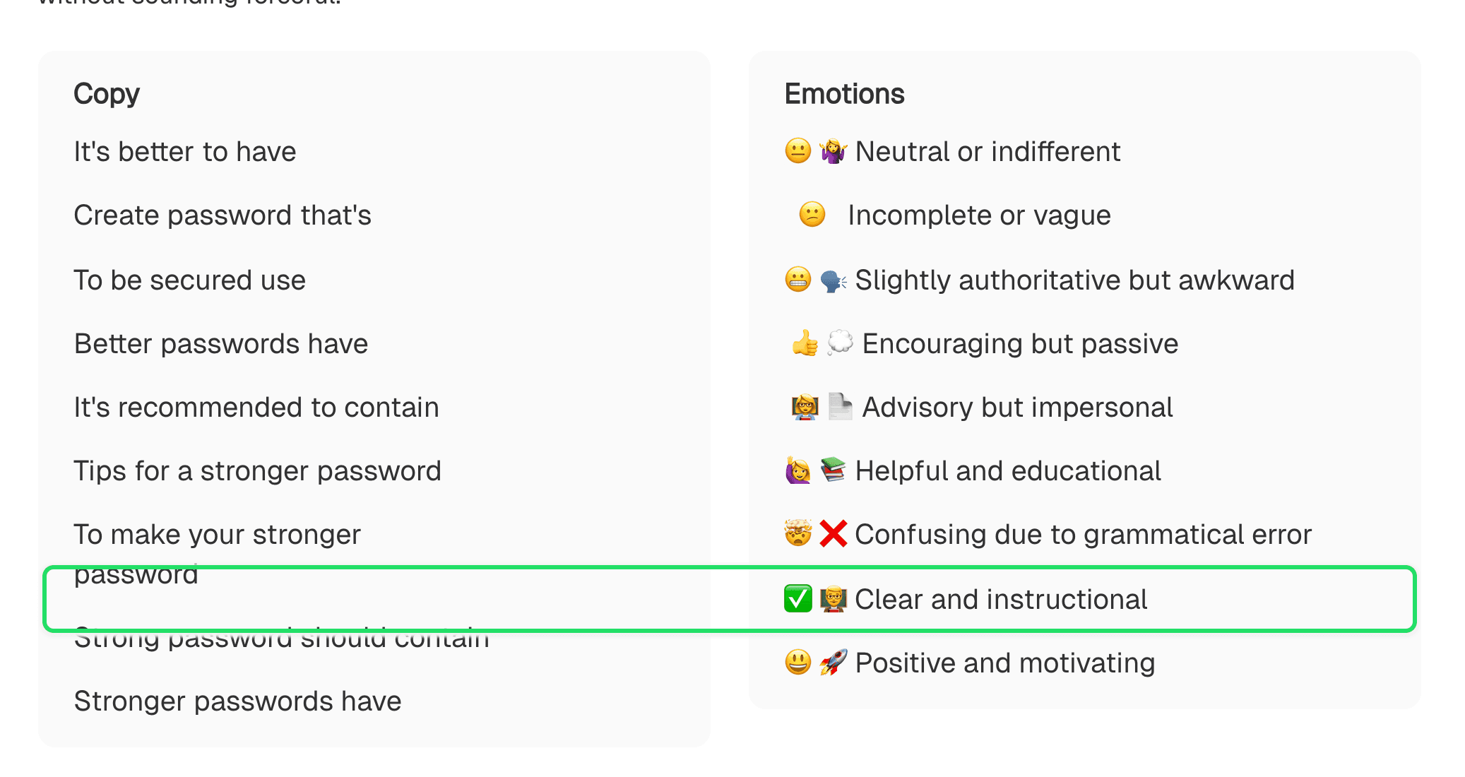 UX copy options mapped to emotional tone, highlighting Strong password should contain as clear and instructional