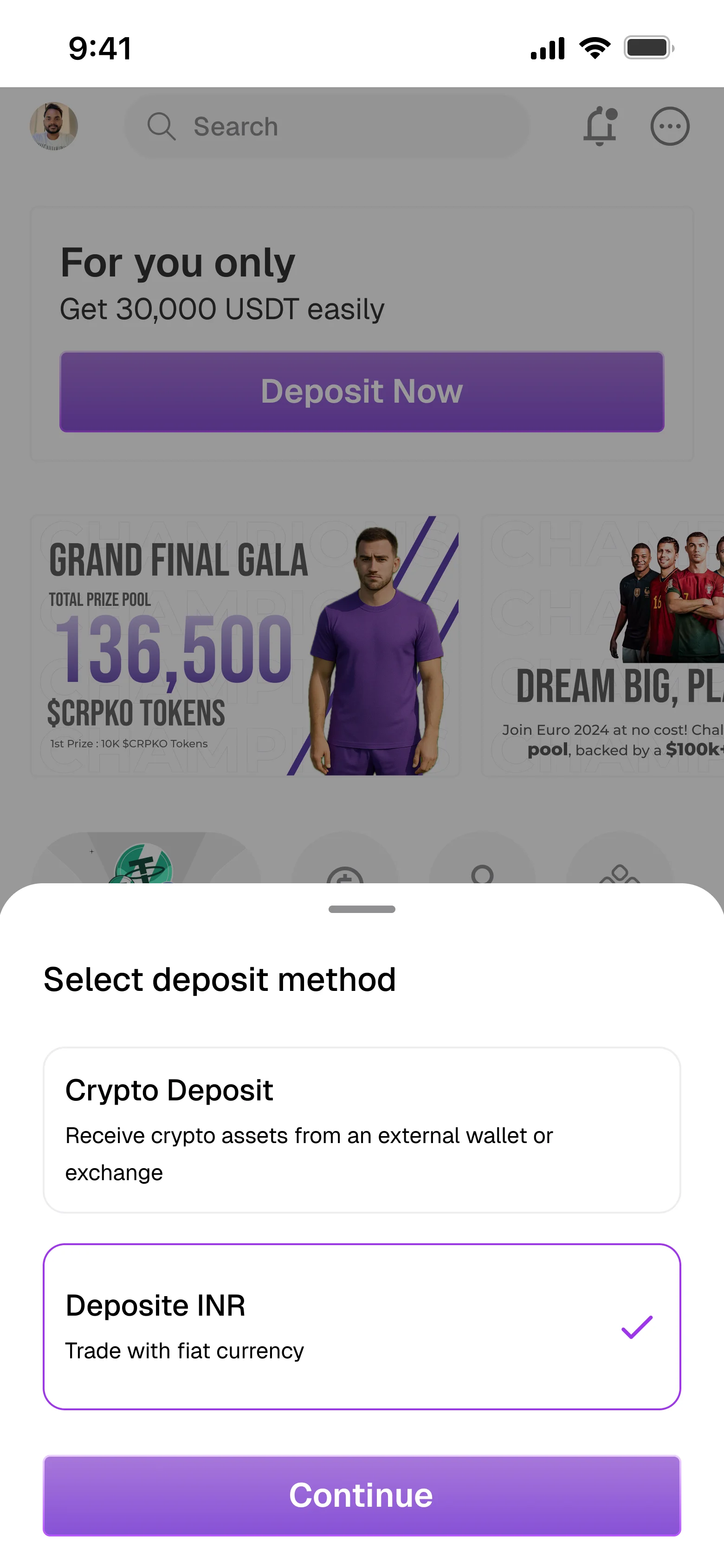 INR deposit method research screen