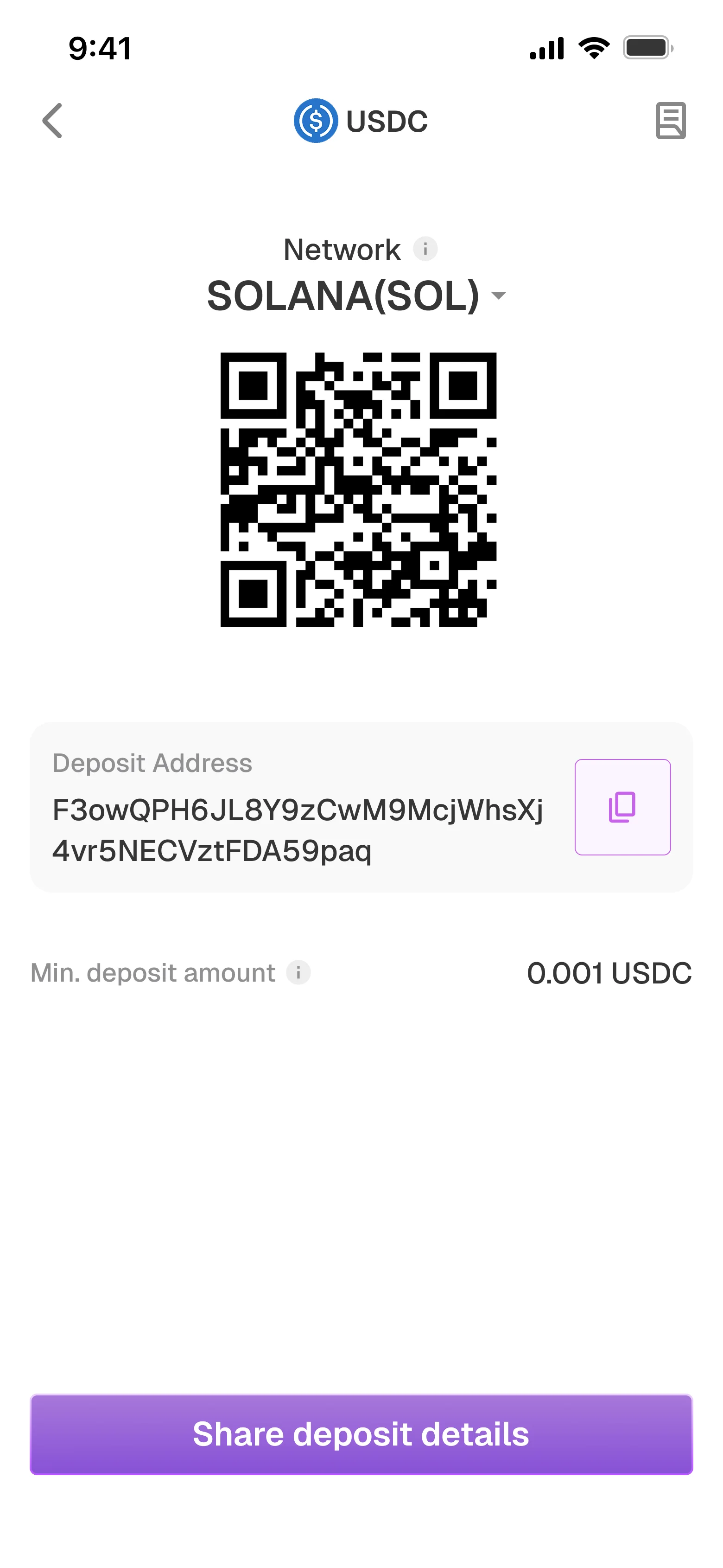 Crypto deposit QR research screen
