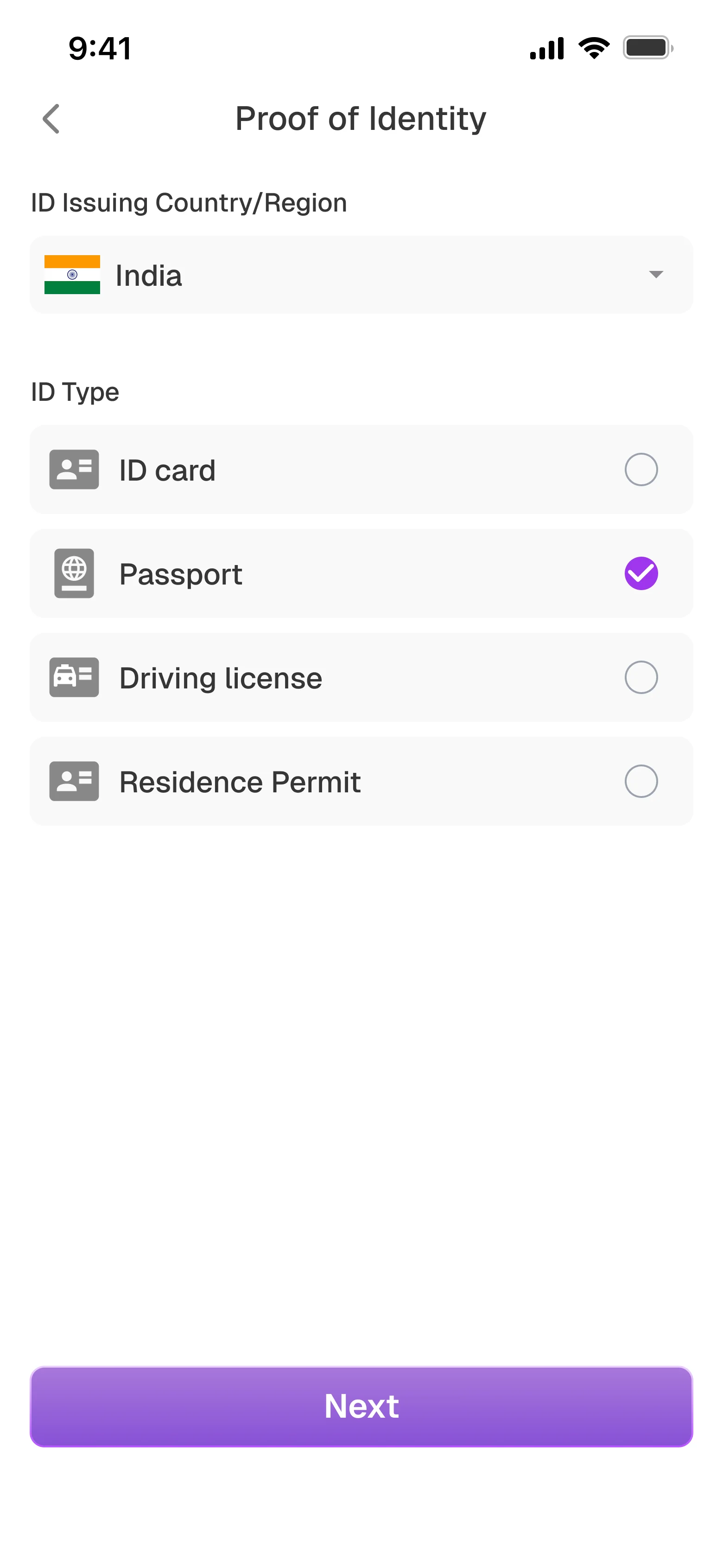 KYC proof of identity research screen