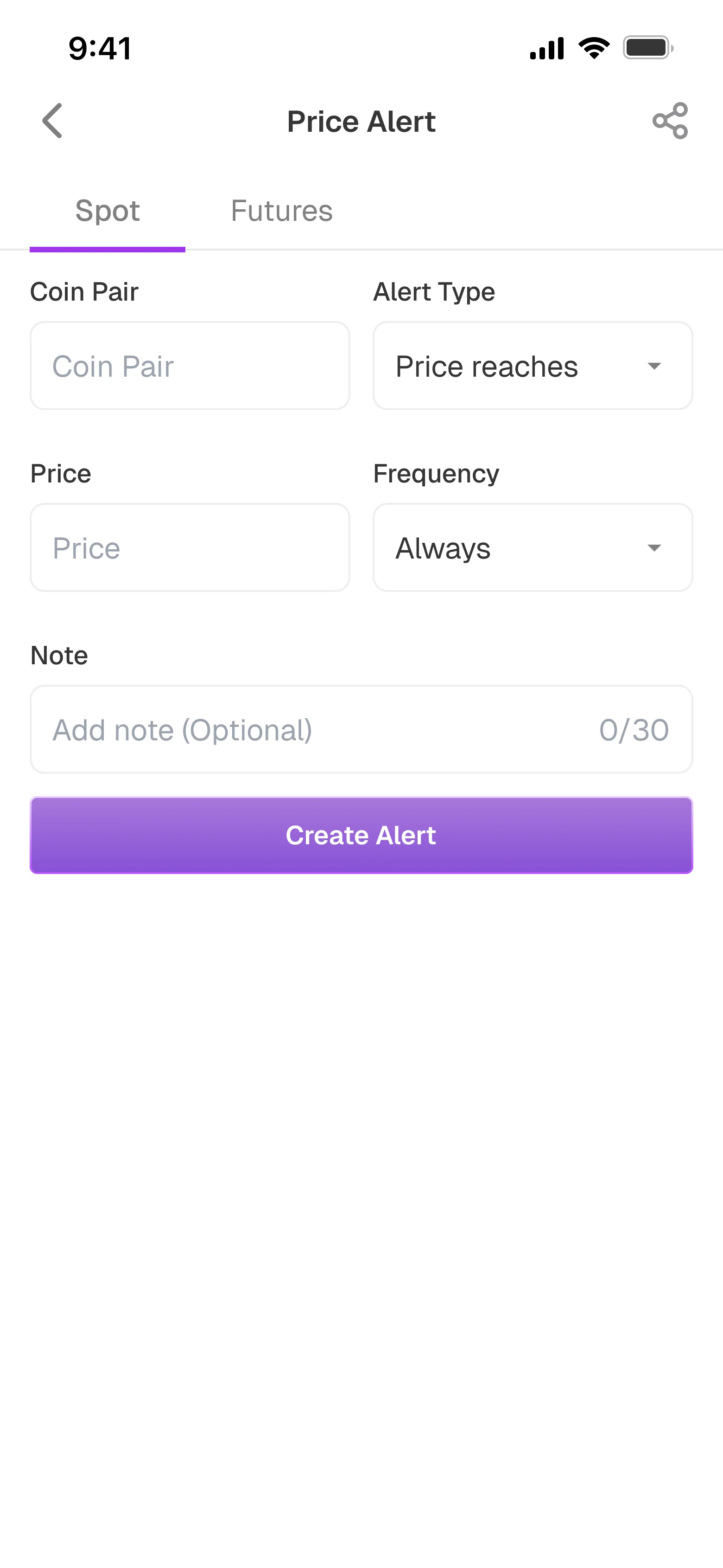 Price alert creation research screen