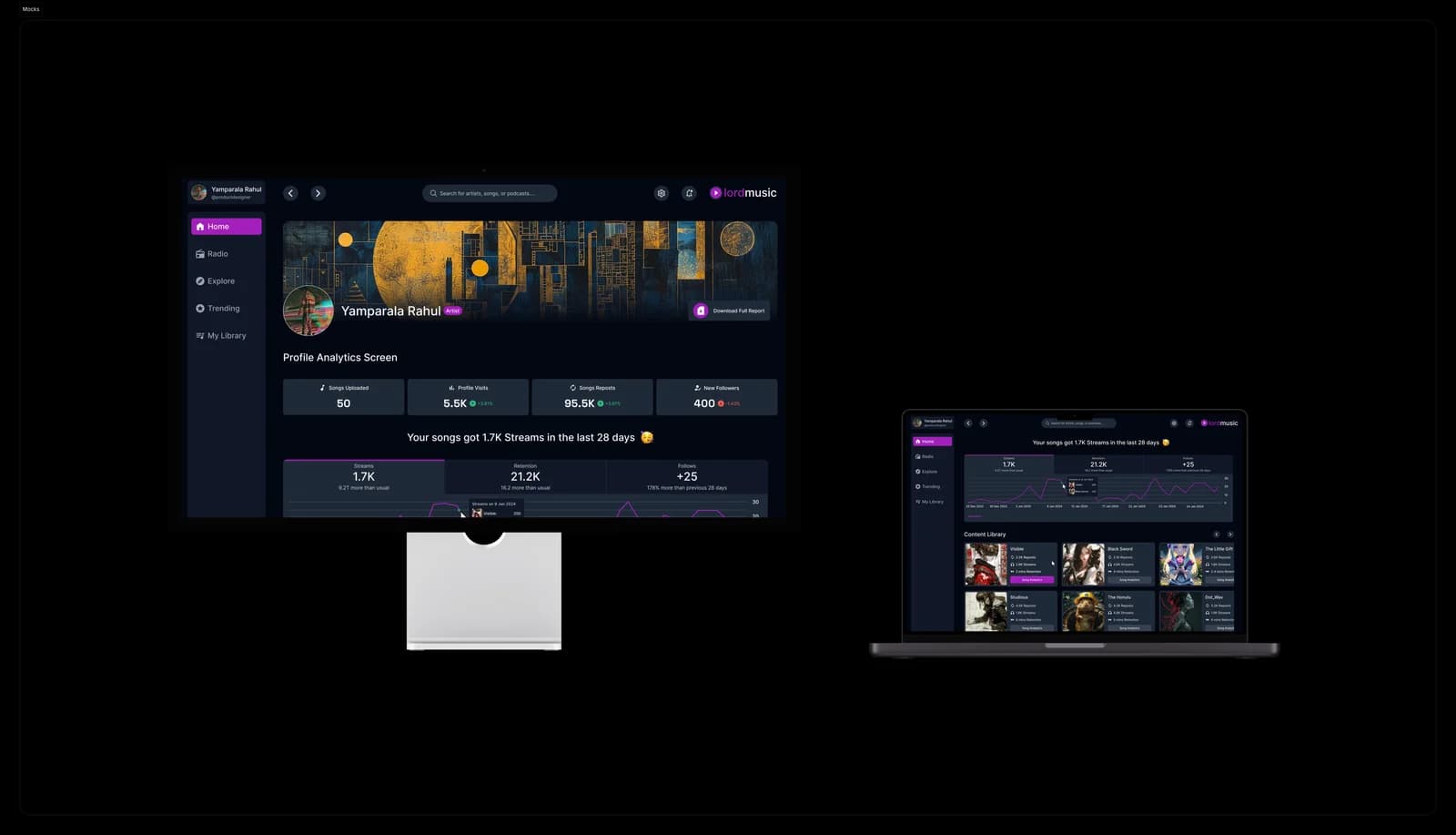 LordMusic artist analytics dashboard presented on desktop and laptop mockups