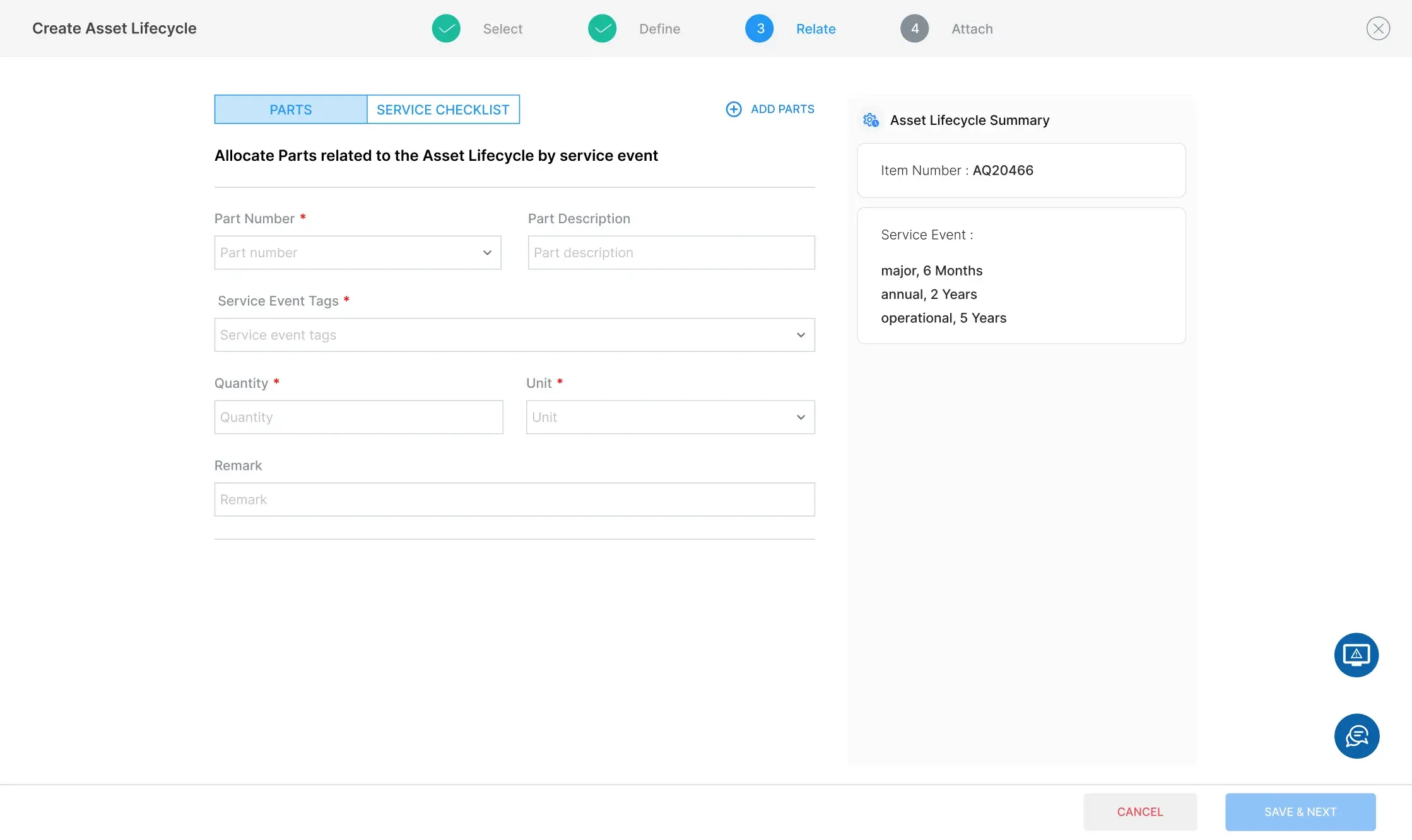 Step three, a form for allocating a part to the lifecycle by part number, service event tag, quantity, unit and a remark
