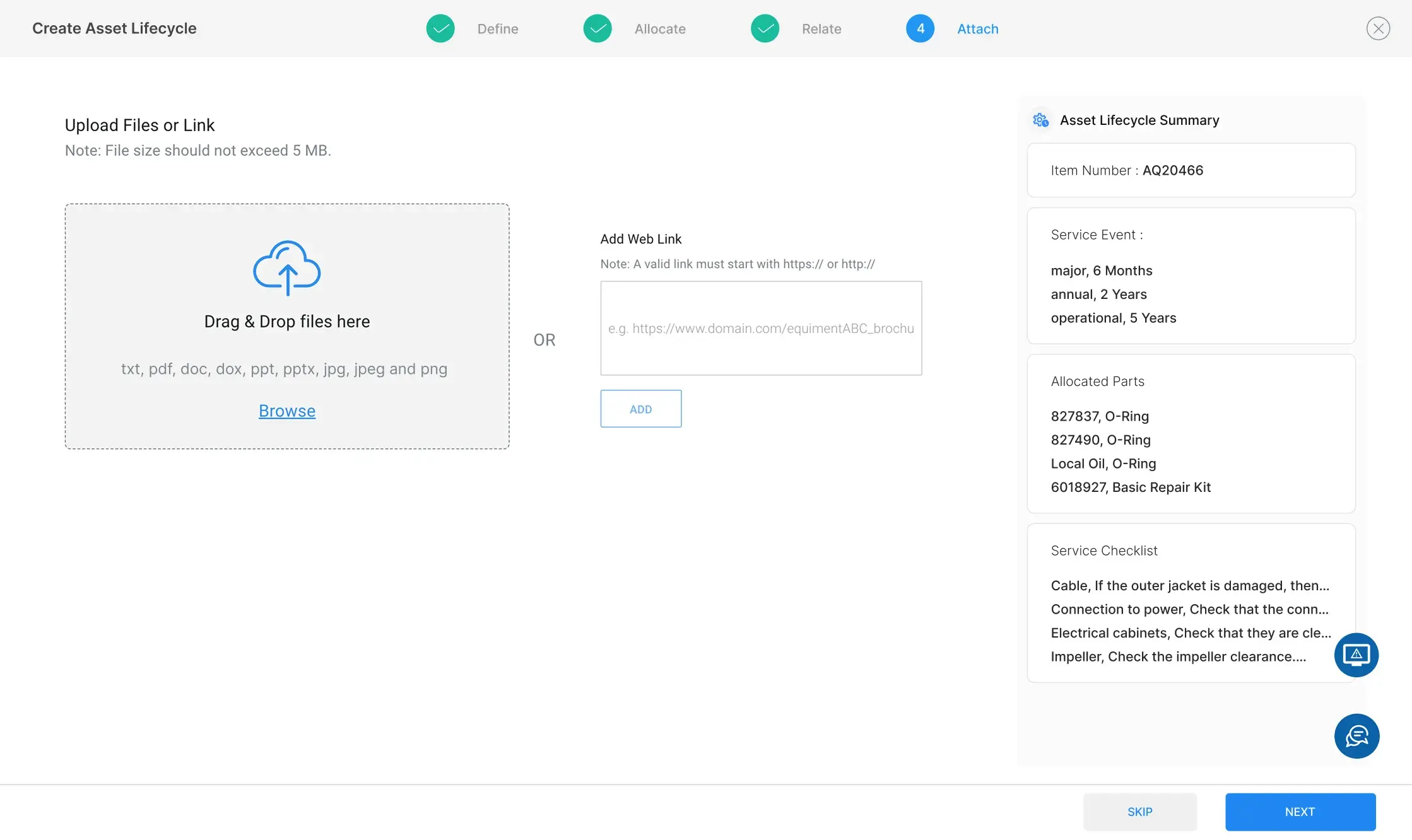 Step four, attaching files by drag and drop or adding a web link, with the summary rail now carrying item number, service events, allocated parts and service checklist