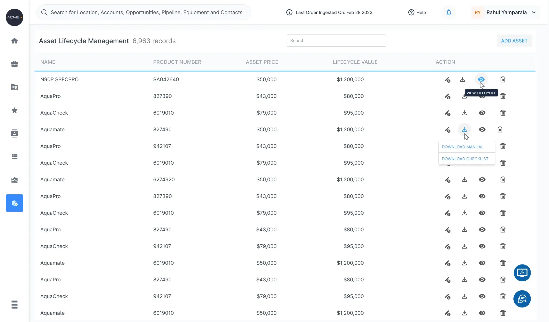 The Asset Lifecycle Management list with a row's actions revealed: a download menu offering the manual or the checklist, and a view lifecycle control