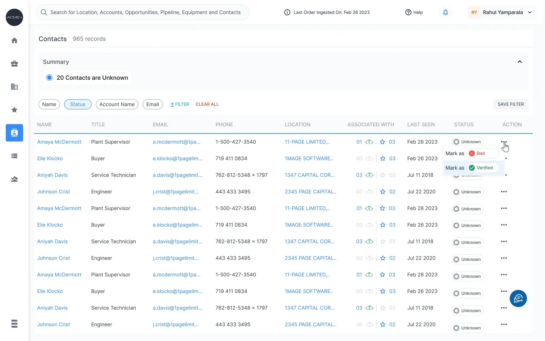 A Contacts table of 965 records with a 20 Contacts are Unknown summary filter, per row status of Unknown, and a row menu offering Mark as Bad or Mark as Verified